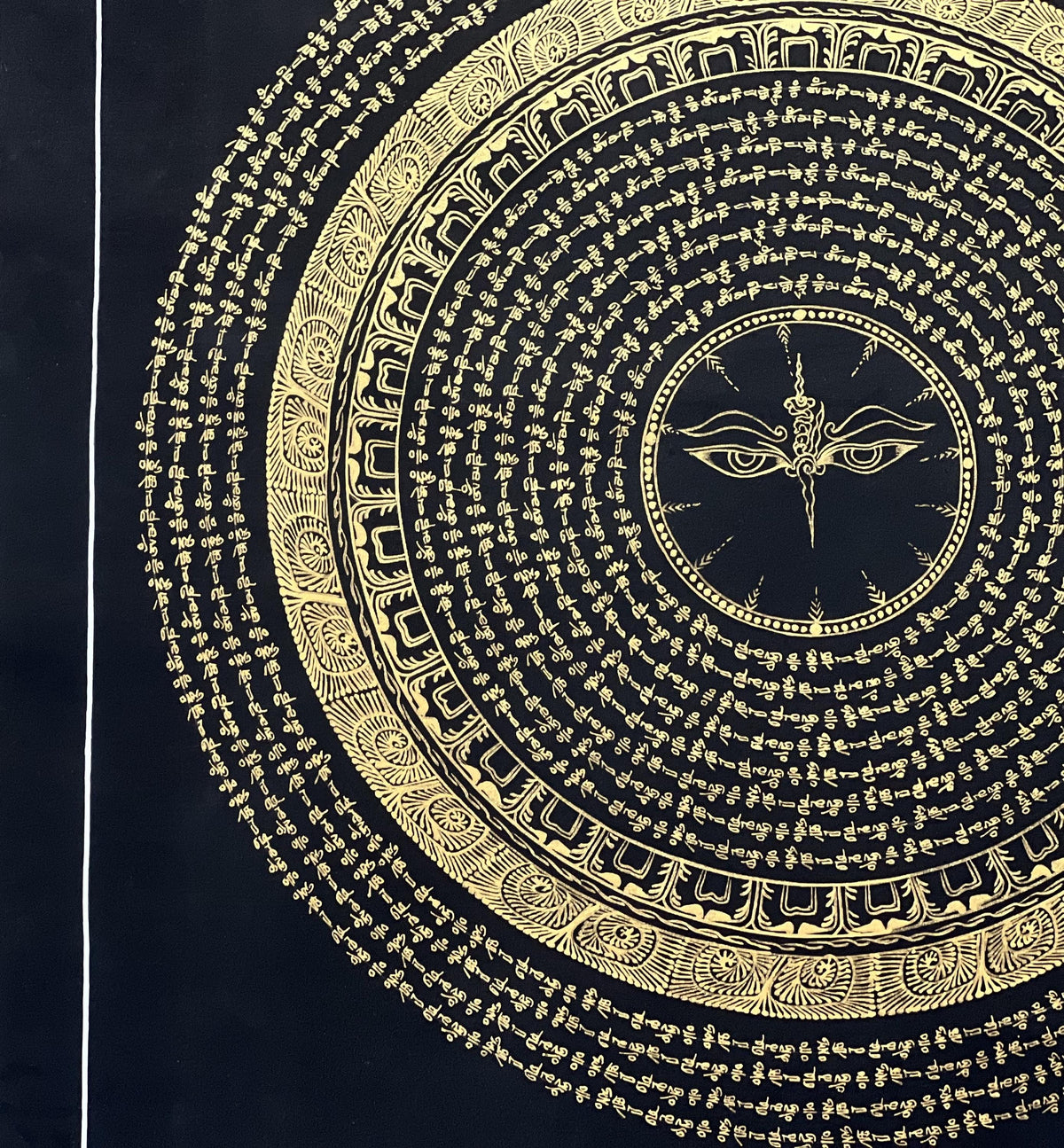 Hand-Painted Buddha Eye Mandala Thangka  Black and Gold Om Mani Padme Hum Art
