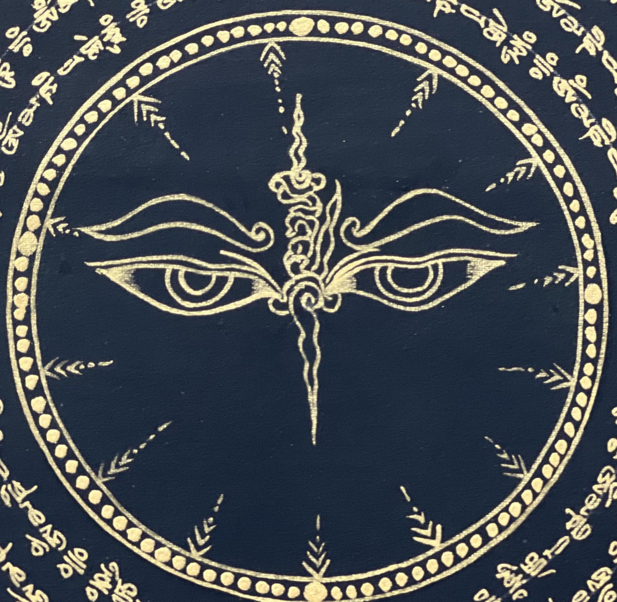 Hand-Painted Buddha Eye Mandala Thangka  Black and Gold Om Mani Padme Hum Art