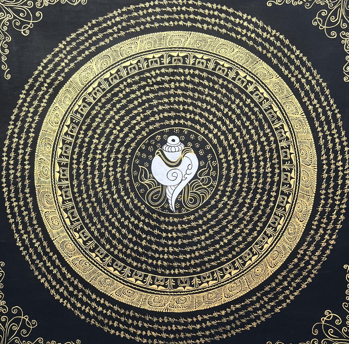 Hand-Painted Conch Shell Mandala Thangka  Black & Gold Tibetan Art
