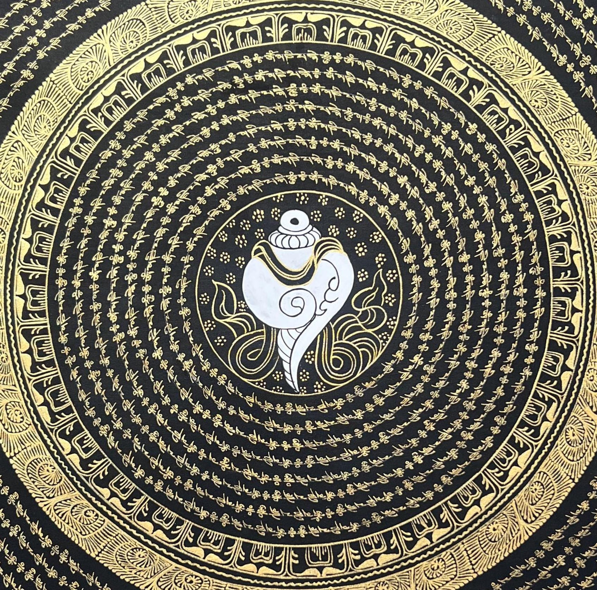 Hand-Painted Conch Shell Mandala Thangka  Black & Gold Tibetan Art