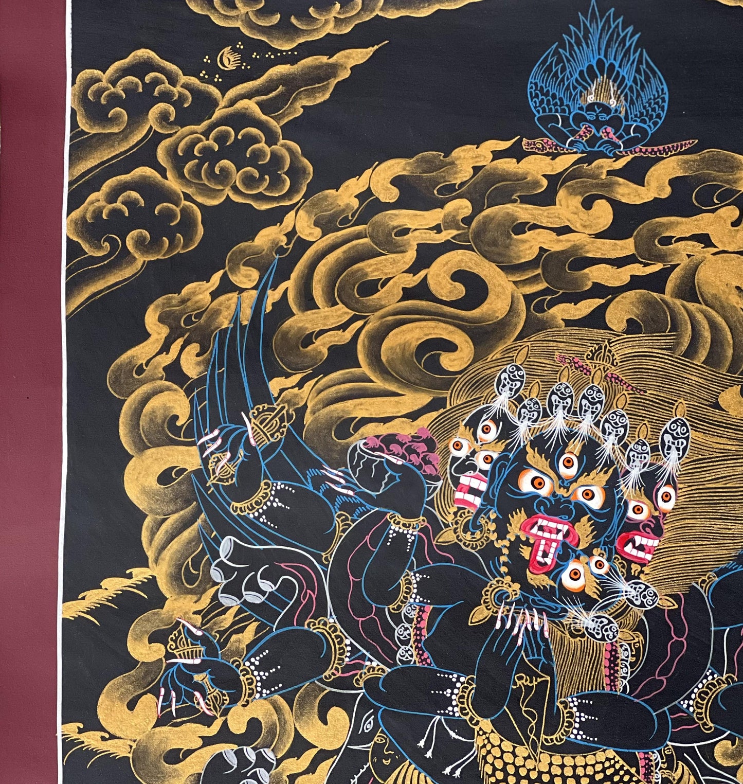 Hand-Painted Vajrakilaya Thangka – Black and Gold Buddhist Art with Silk Brocade