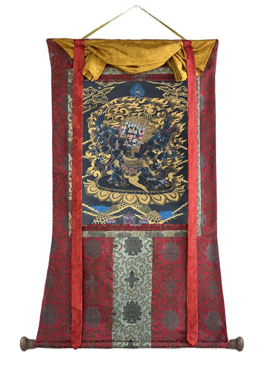 Hand-Painted Vajrakilaya Thangka – Black and Gold Buddhist Art with Silk Brocade