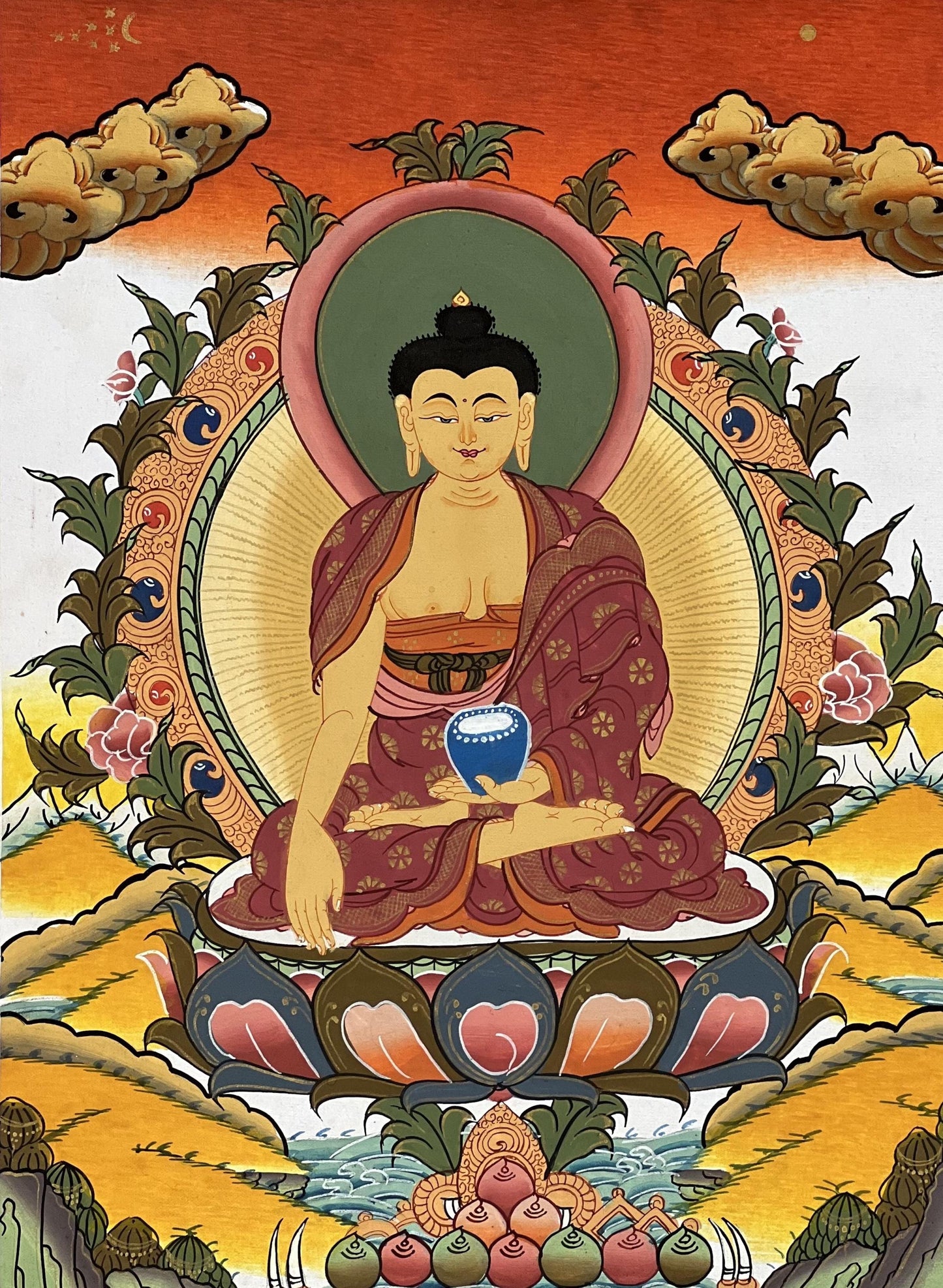 Hand-Painted Shakyamuni Buddha Thangka | Tibetan Silk Brocade Art