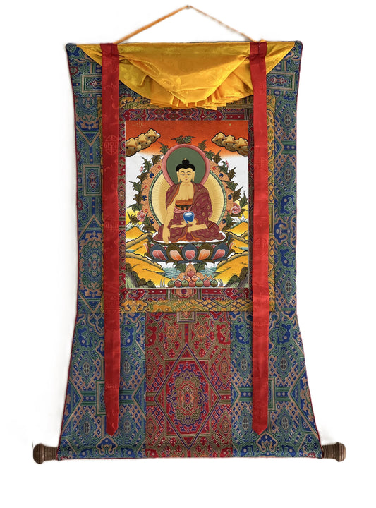 Hand-Painted Shakyamuni Buddha Thangka | Tibetan Silk Brocade Art