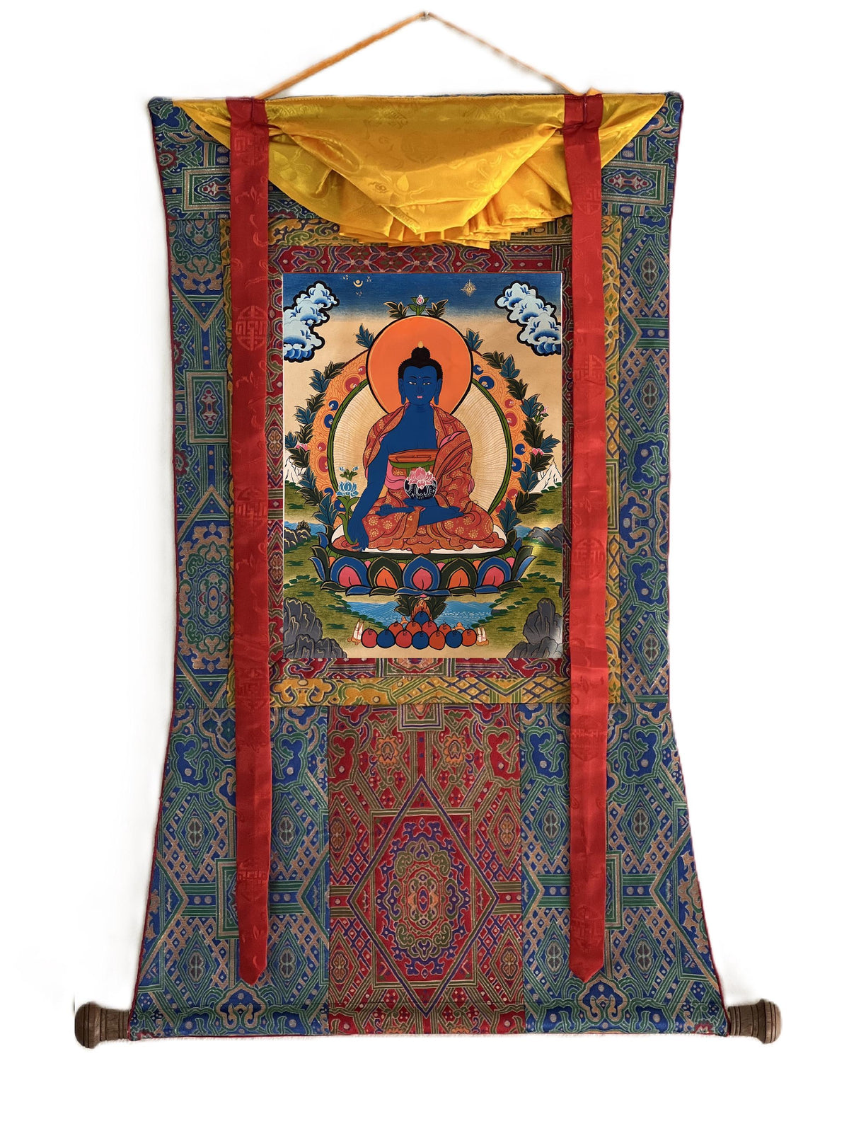 Medicine Buddha Thangka | Hand-Painted Tibetan Healing Art with Silk Brocade
