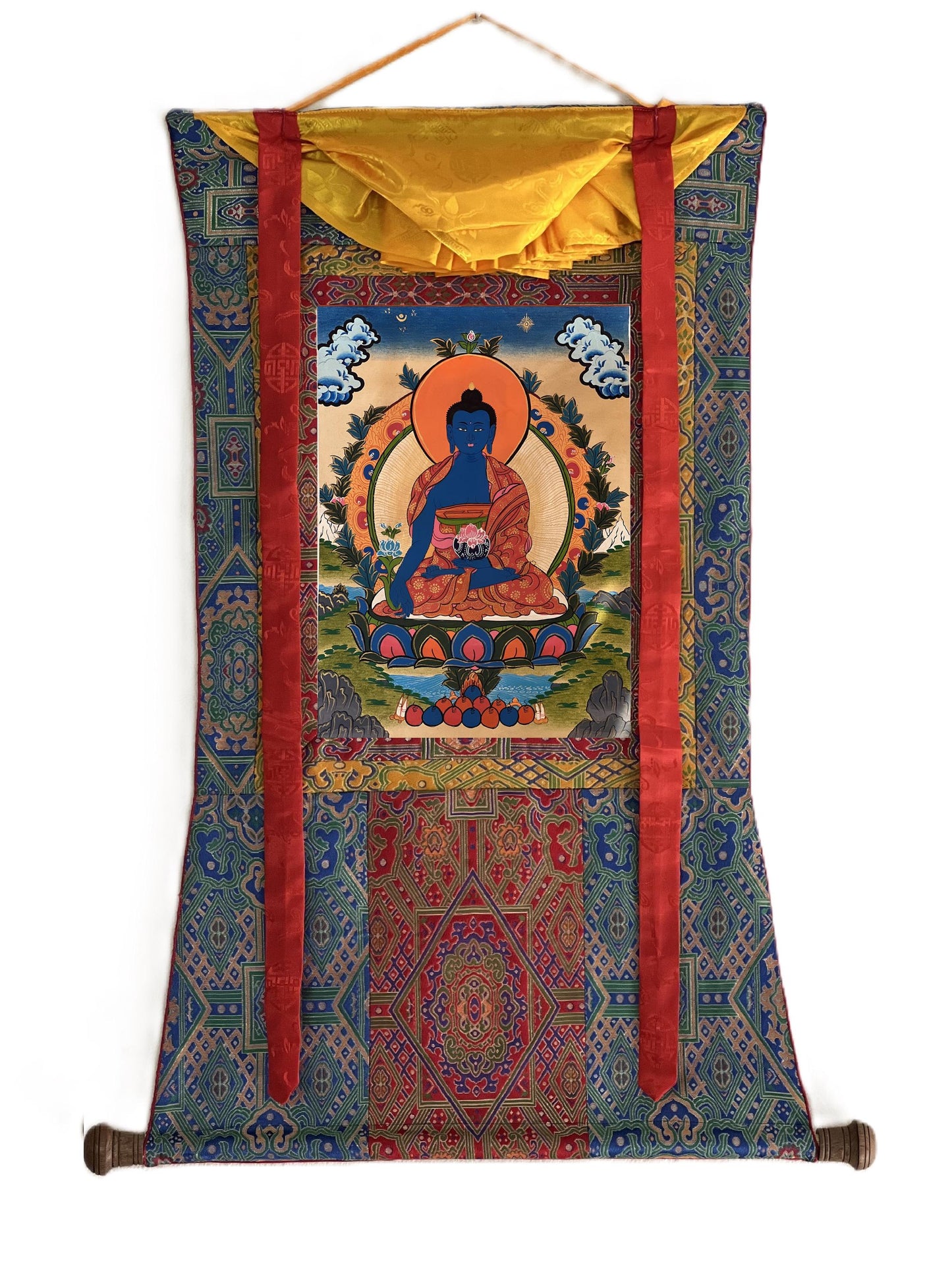 Medicine Buddha Thangka | Hand-Painted Tibetan Healing Art with Silk Brocade