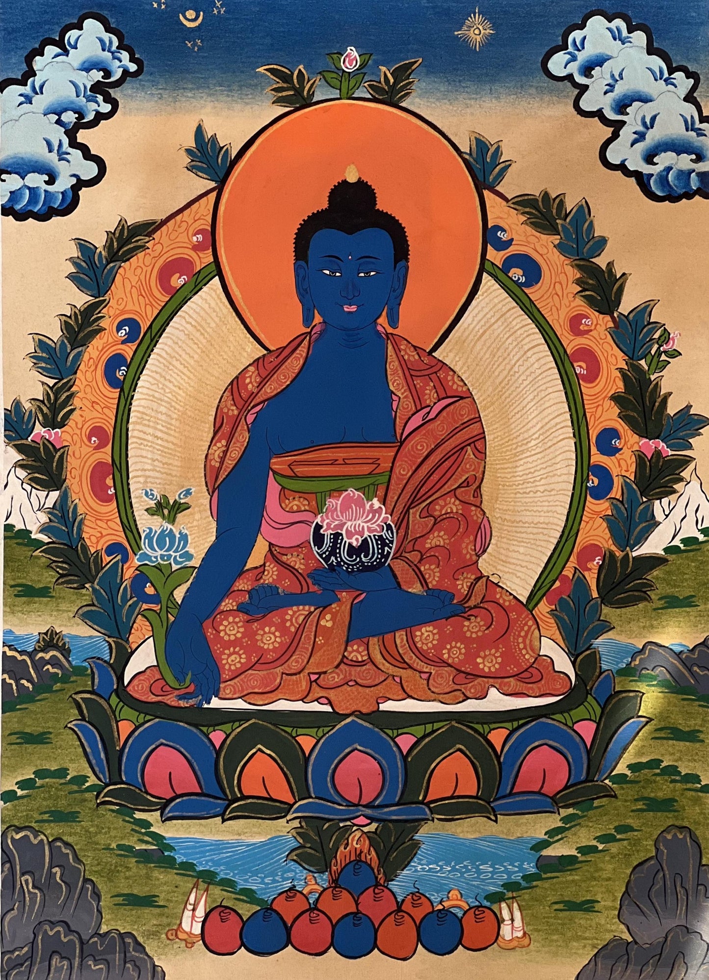 Medicine Buddha Thangka | Hand-Painted Tibetan Healing Art with Silk Brocade