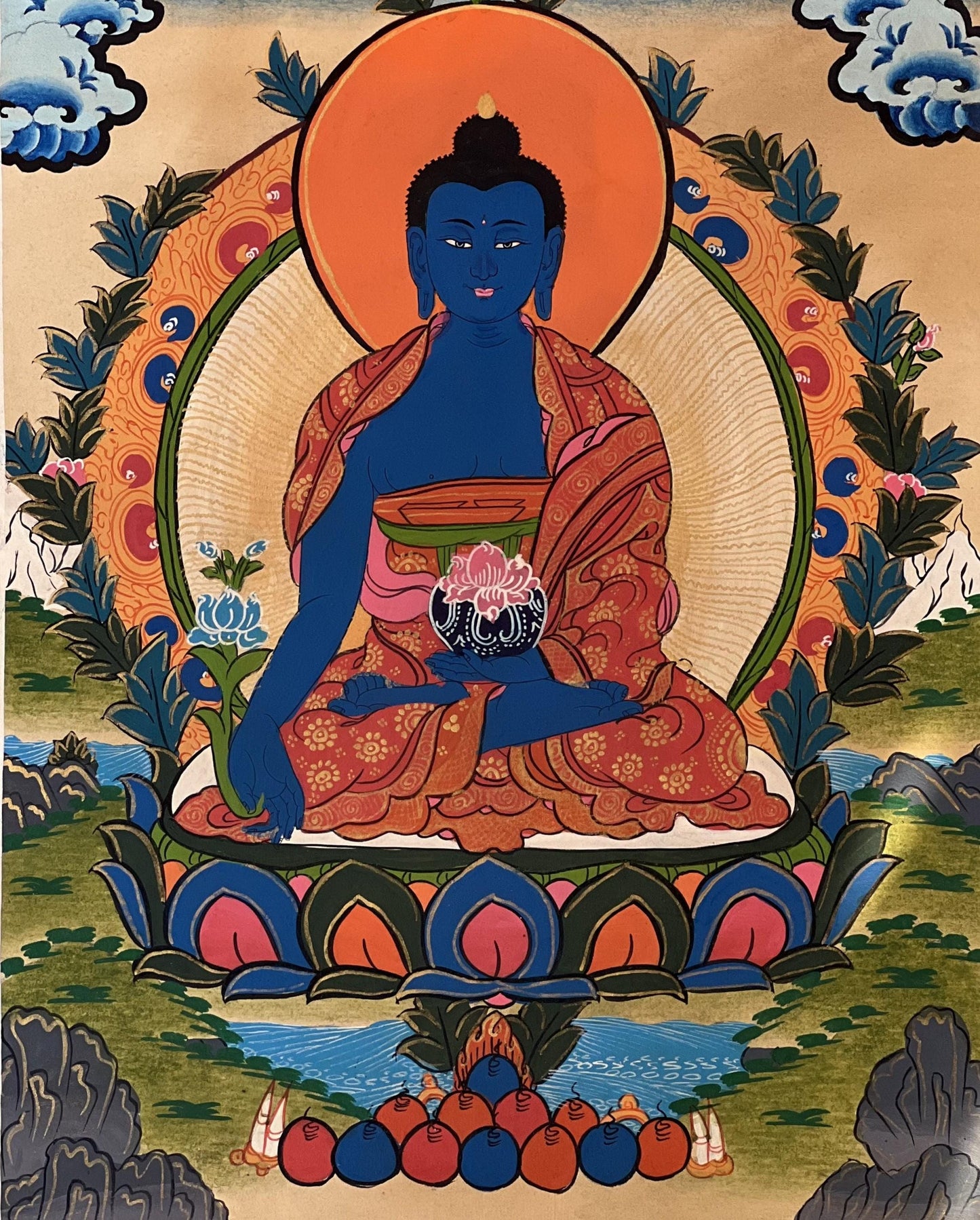 Medicine Buddha Thangka | Hand-Painted Tibetan Healing Art with Silk Brocade