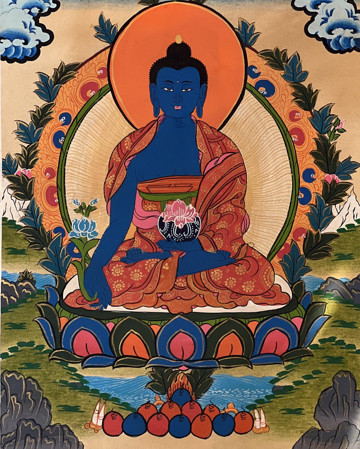 Medicine Buddha Thangka | Hand-Painted Tibetan Healing Art with Silk Brocade