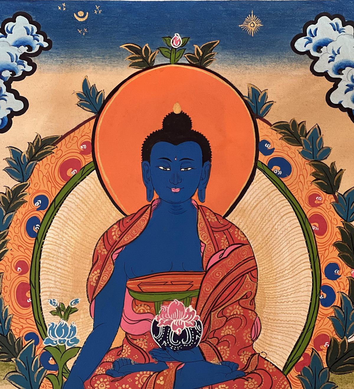 Medicine Buddha Thangka | Hand-Painted Tibetan Healing Art with Silk Brocade