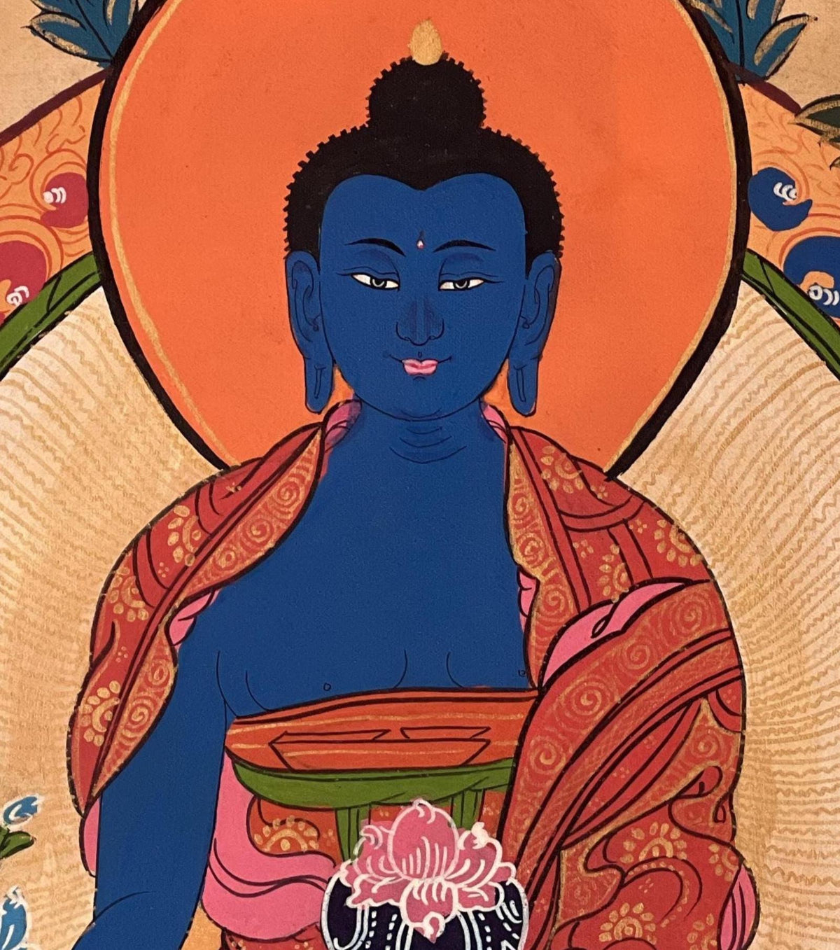 Medicine Buddha Thangka | Hand-Painted Tibetan Healing Art with Silk Brocade