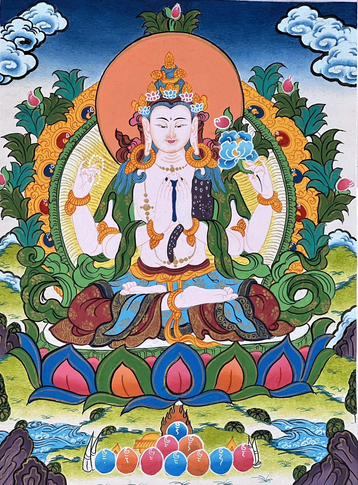 Hand-Painted Chenrezig Thangka – Four-Armed Tibetan Buddhist Art with Silk Brocade
