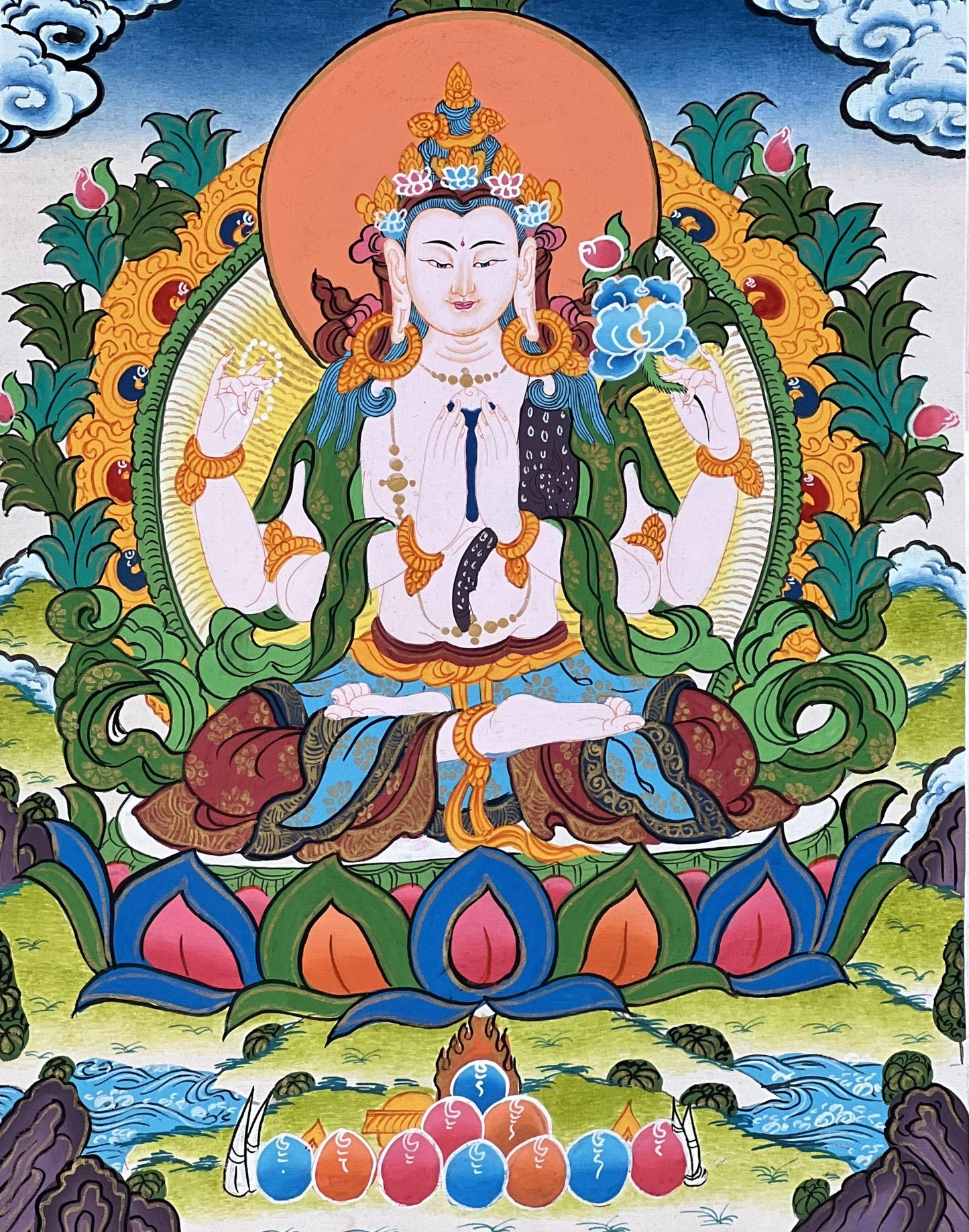Hand-Painted Chenrezig Thangka – Four-Armed Tibetan Buddhist Art with Silk Brocade