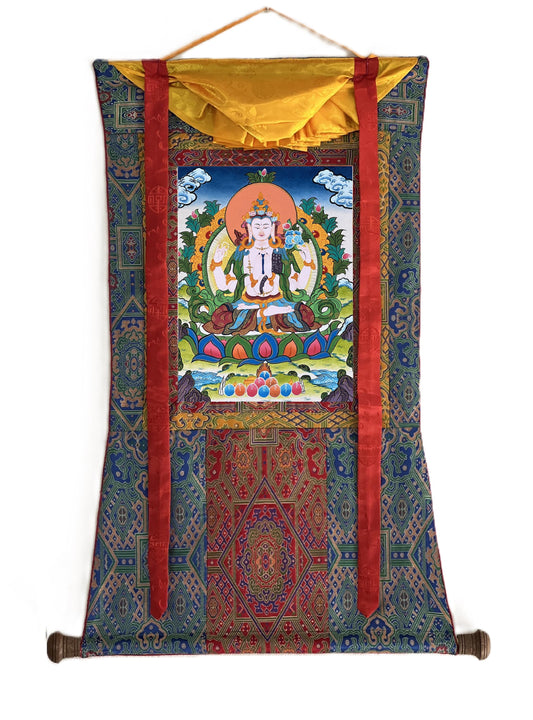 Hand-Painted Chenrezig Thangka – Four-Armed Tibetan Buddhist Art with Silk Brocade