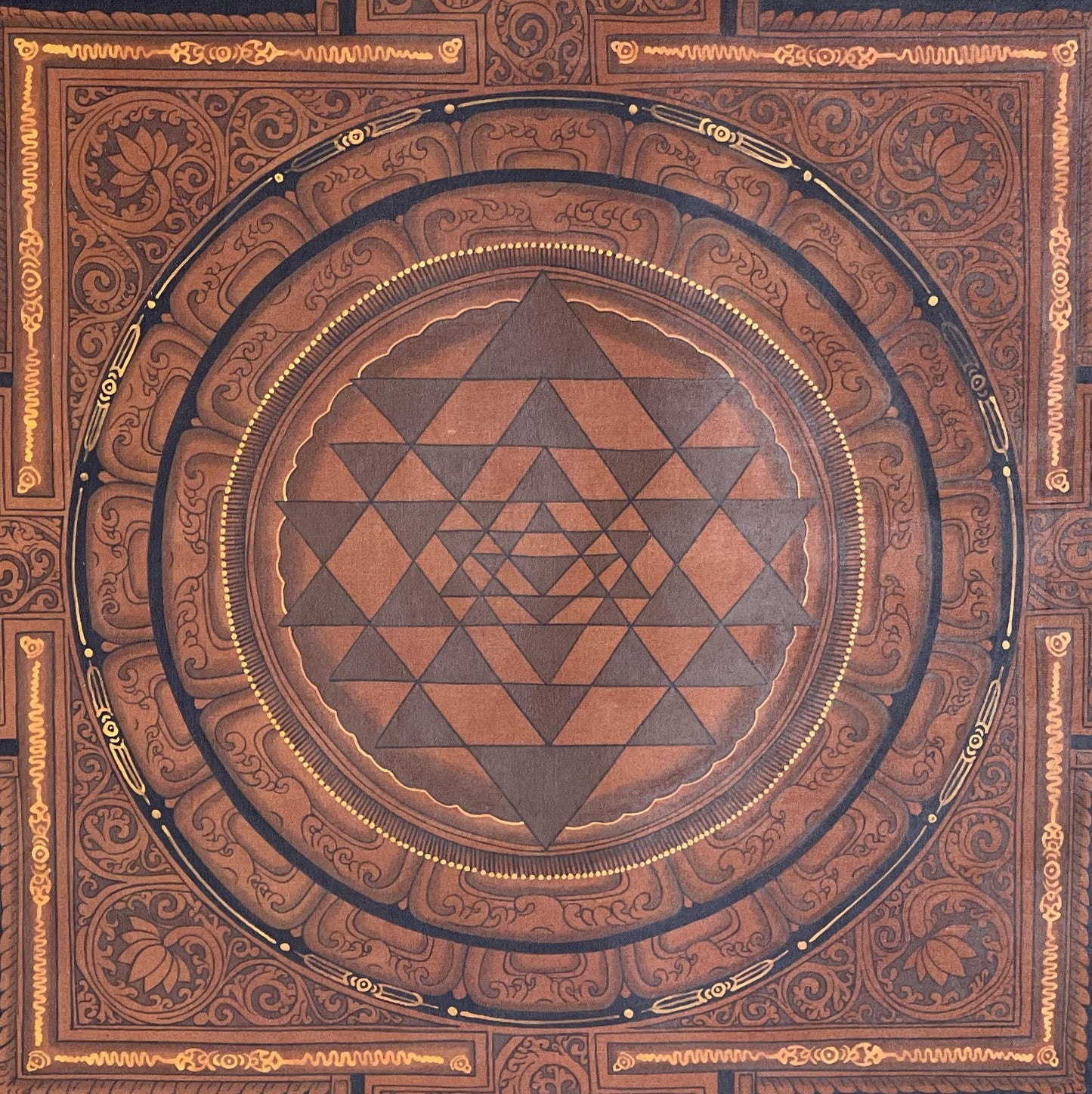 Hand-Painted Sri Yantra Mandala Thangka Art - Silk Brocade Frame