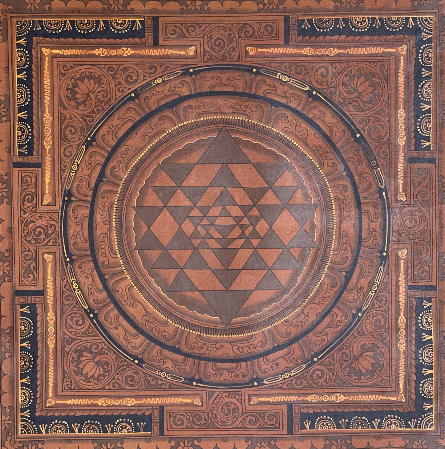 Hand-Painted Sri Yantra Mandala Thangka Art - Silk Brocade Frame