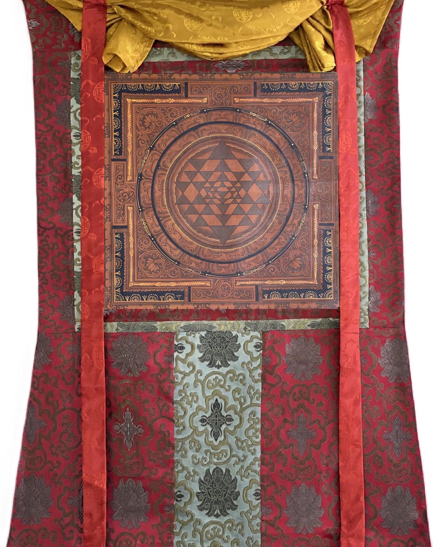 Hand-Painted Sri Yantra Mandala Thangka Art - Silk Brocade Frame