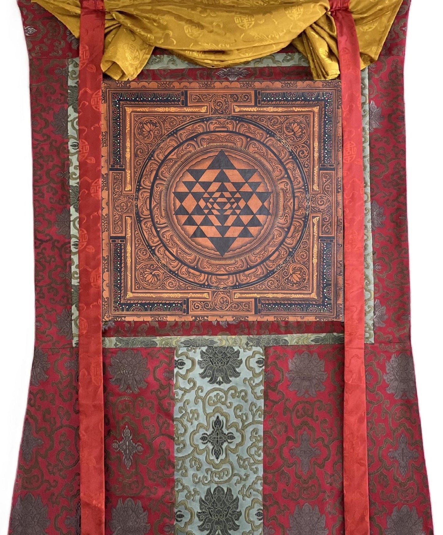 Hand-Painted Sri Yantra Mandala Thangka – Newari Art with Silk Brocade