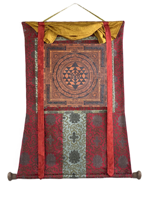 Hand-Painted Sri Yantra Mandala Thangka – Newari Art with Silk Brocade