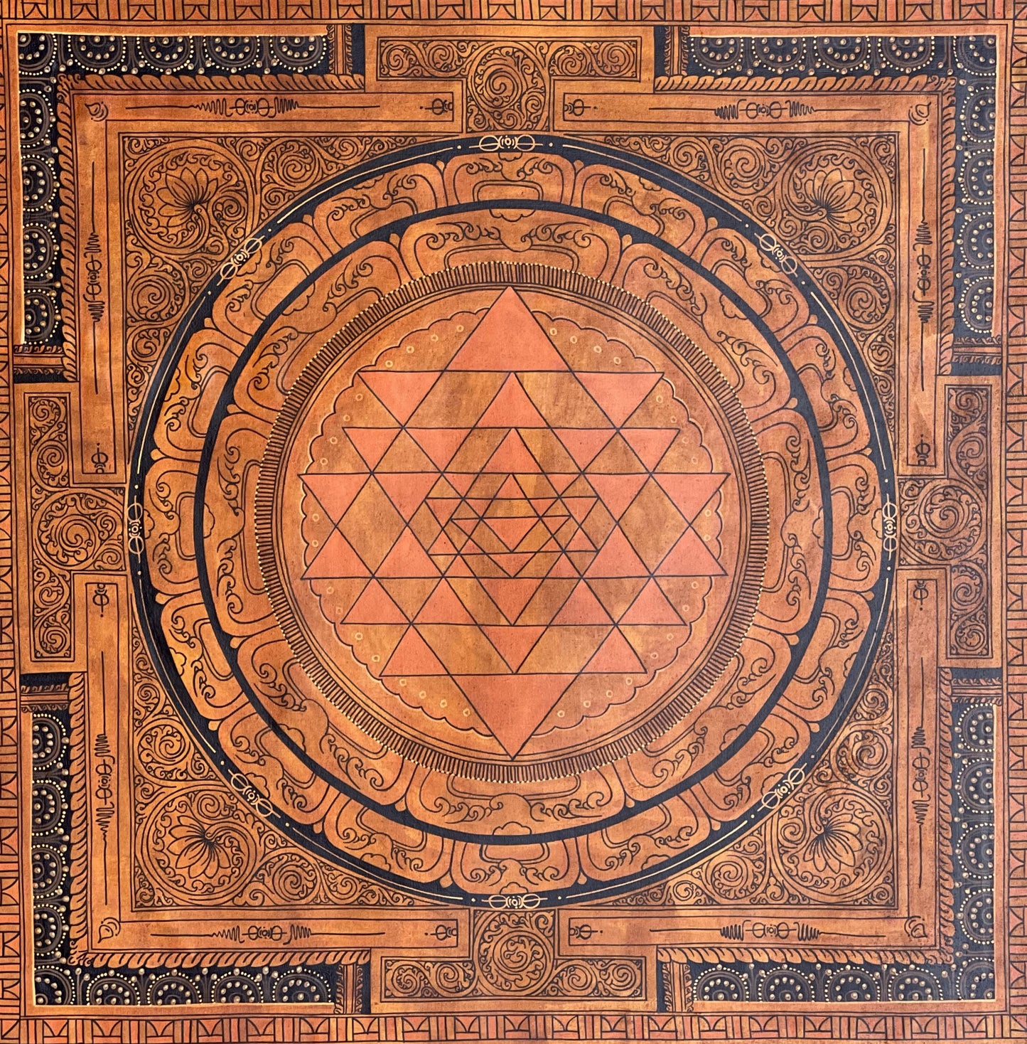 Hand-Painted Sri Yantra Thangka | Silk Brocade Frame, Spiritual Decor