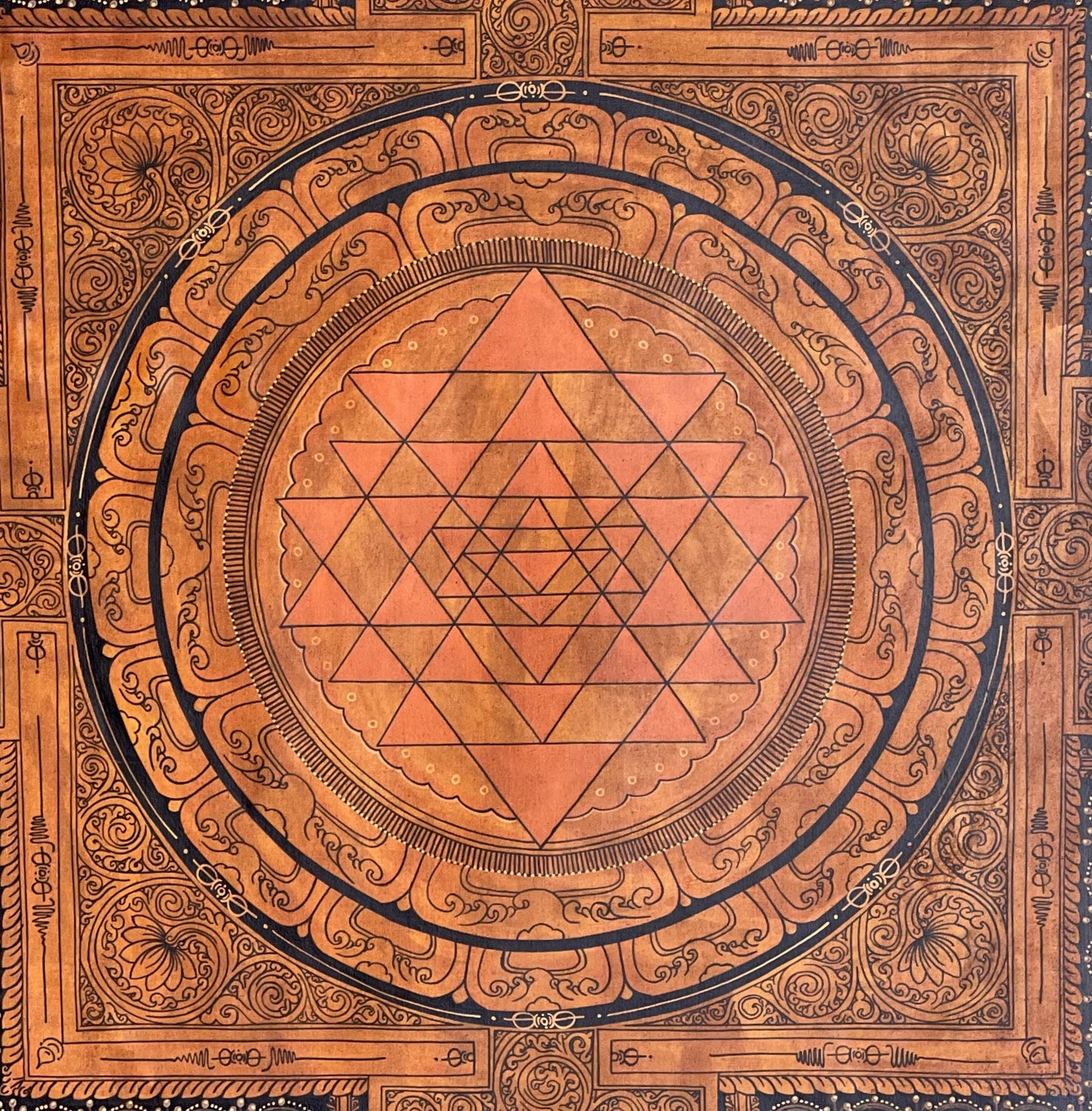 Hand-Painted Sri Yantra Thangka | Silk Brocade Frame, Spiritual Decor