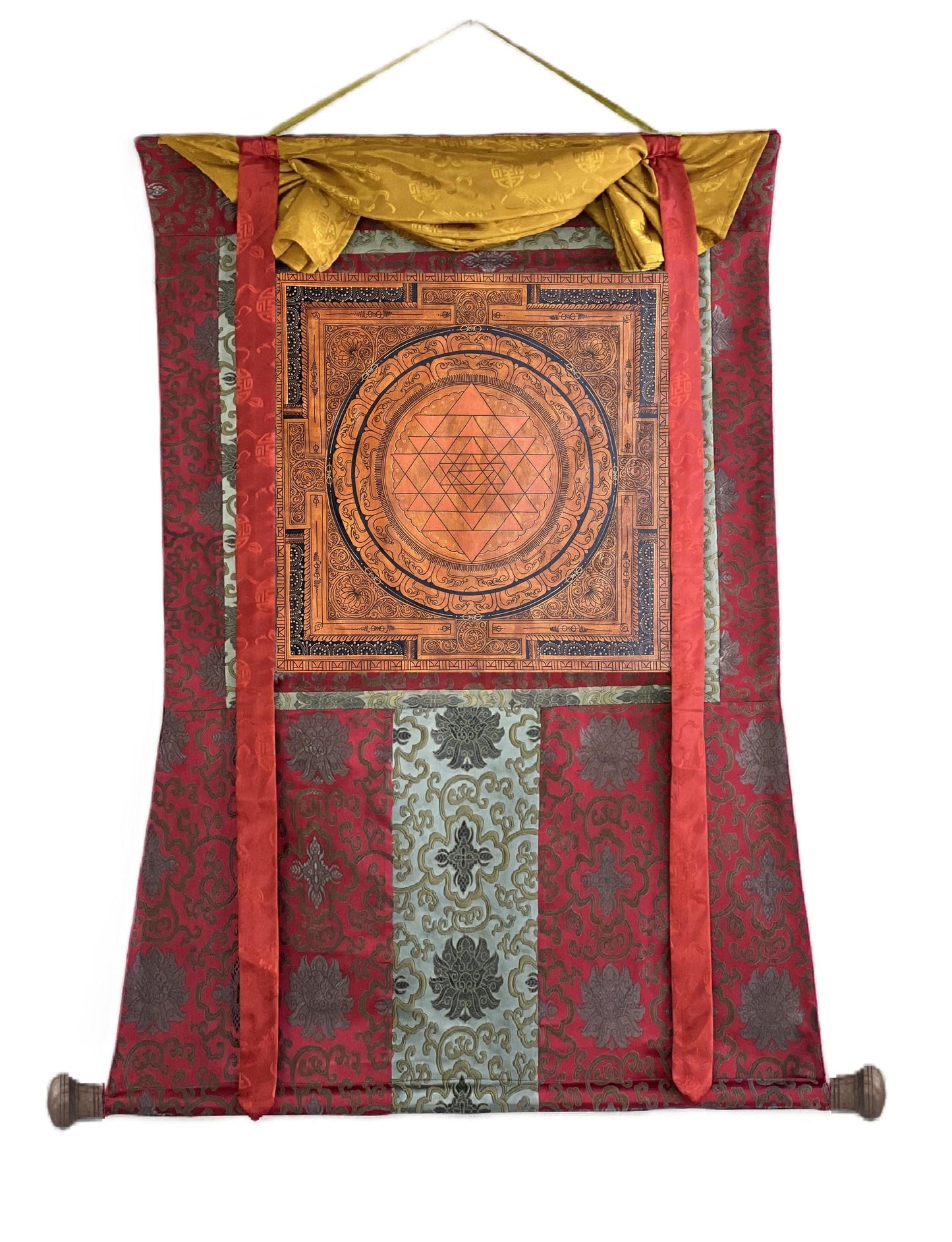 Hand-Painted Sri Yantra Thangka | Silk Brocade Frame, Spiritual Decor
