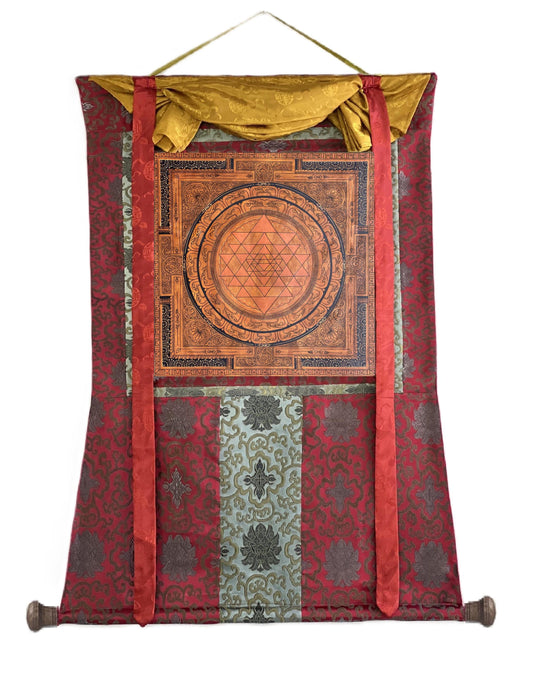 Hand-Painted Sri Yantra Thangka | Silk Brocade Frame, Spiritual Decor