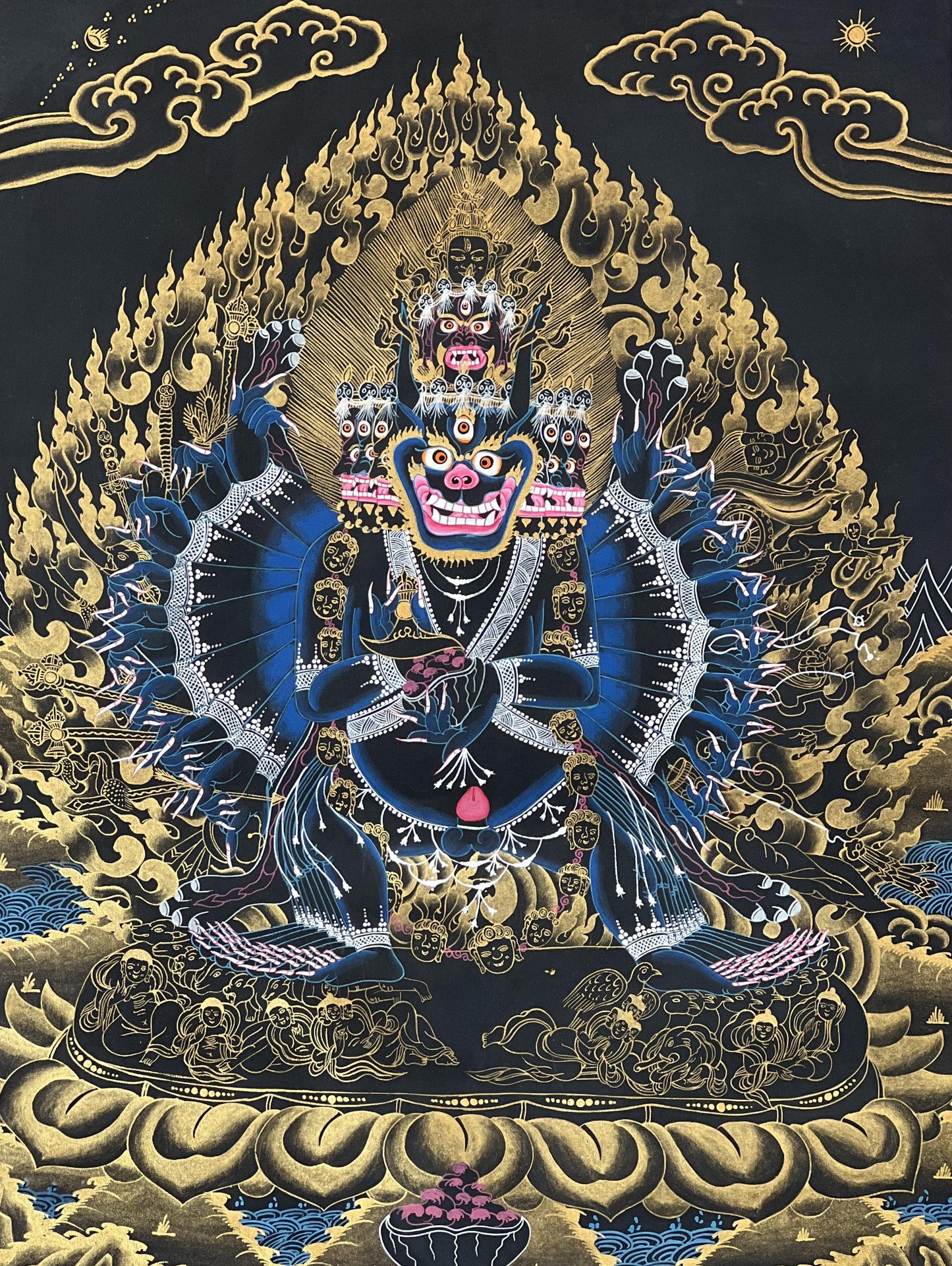 Hand-Painted Yamantaka Thangka – Black and Gold Tibetan Buddhist Art, Silk Brocade