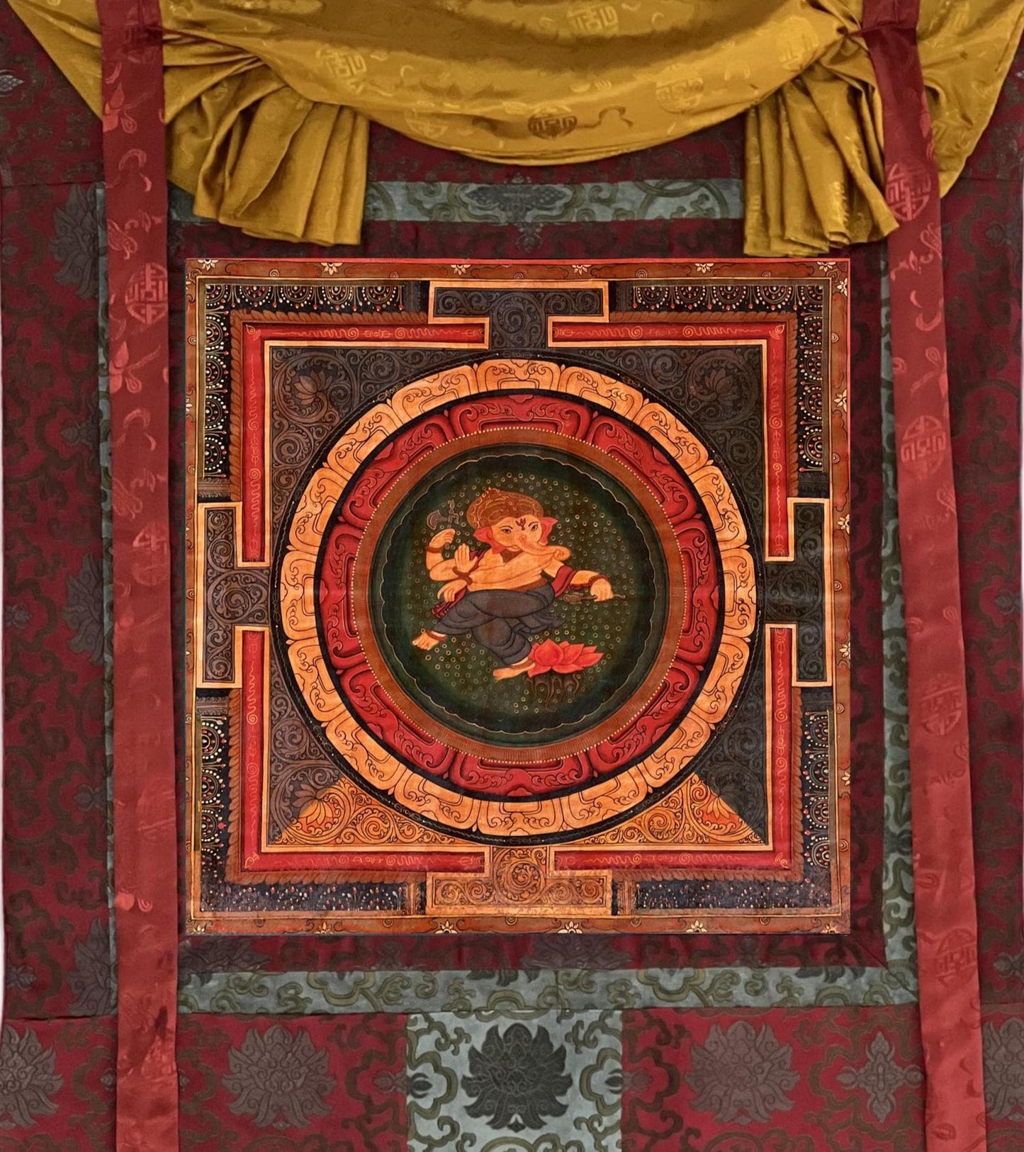 Original Hand-Painted Vintage Ganesha Sri Yantra Mandala Paubha Thangka Painting with Silk Brocade