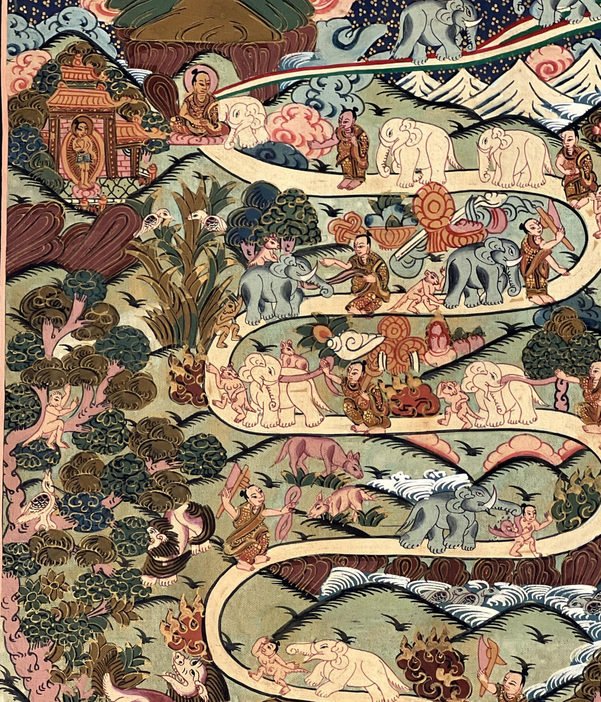 Hand-Painted Samatha Meditation Thangka  Nine Stage Elephant Path