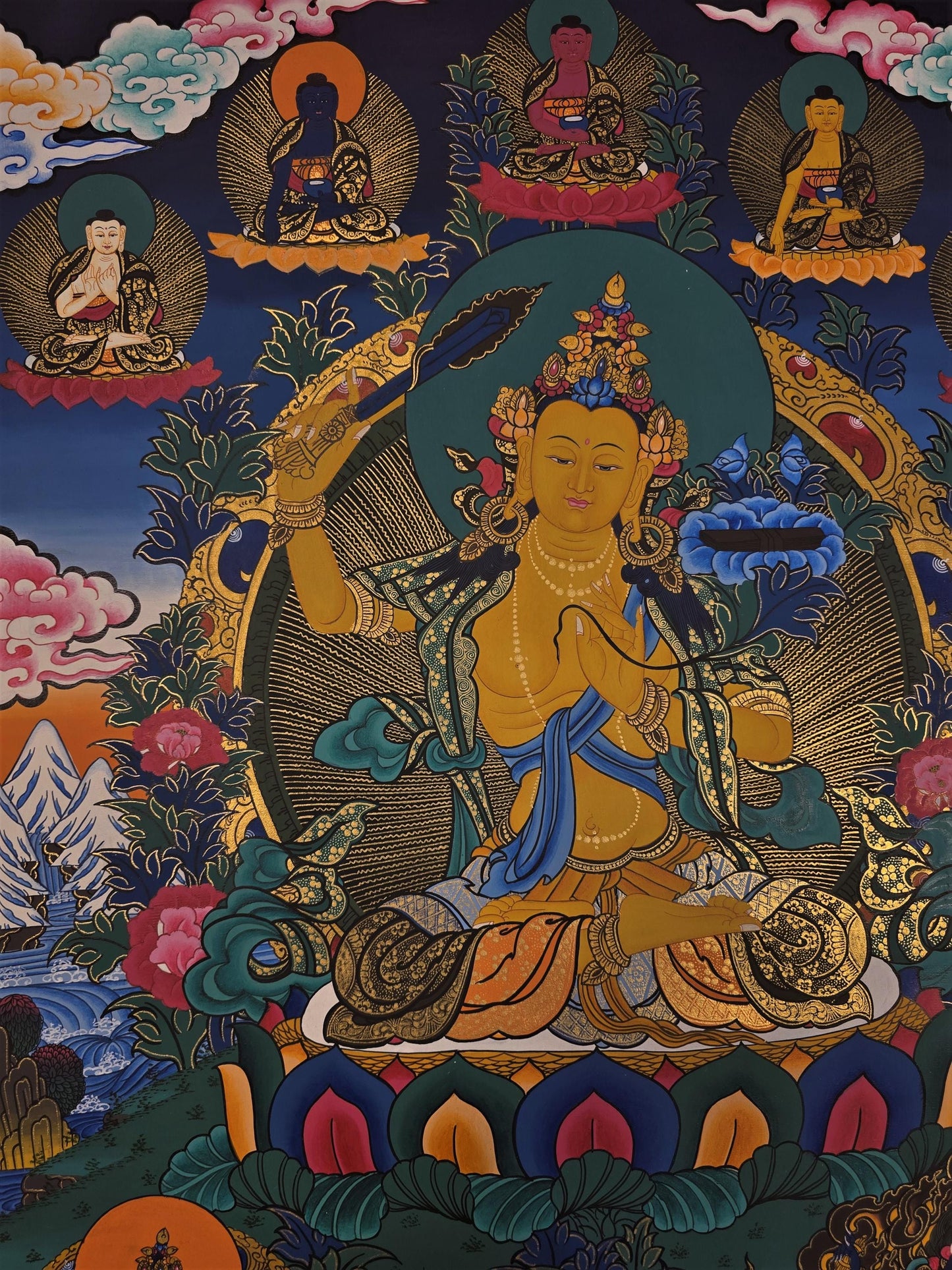 Original Hand-Painted Manjushri Thangka Painting Featuring the Five Dhyani Buddhas, Flanked by Chenrezig and Vajrapani
