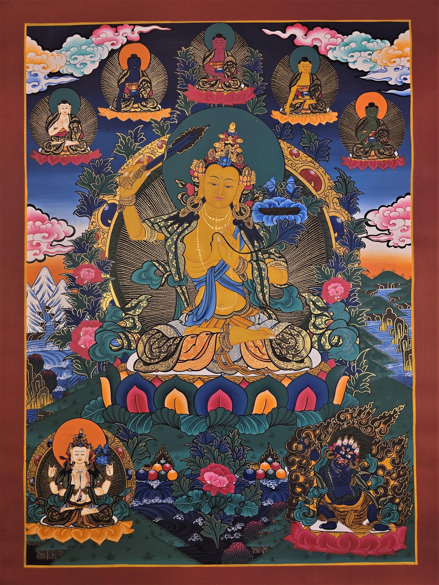 Original Hand-Painted Manjushri Thangka Painting Featuring the Five Dhyani Buddhas, Flanked by Chenrezig and Vajrapani