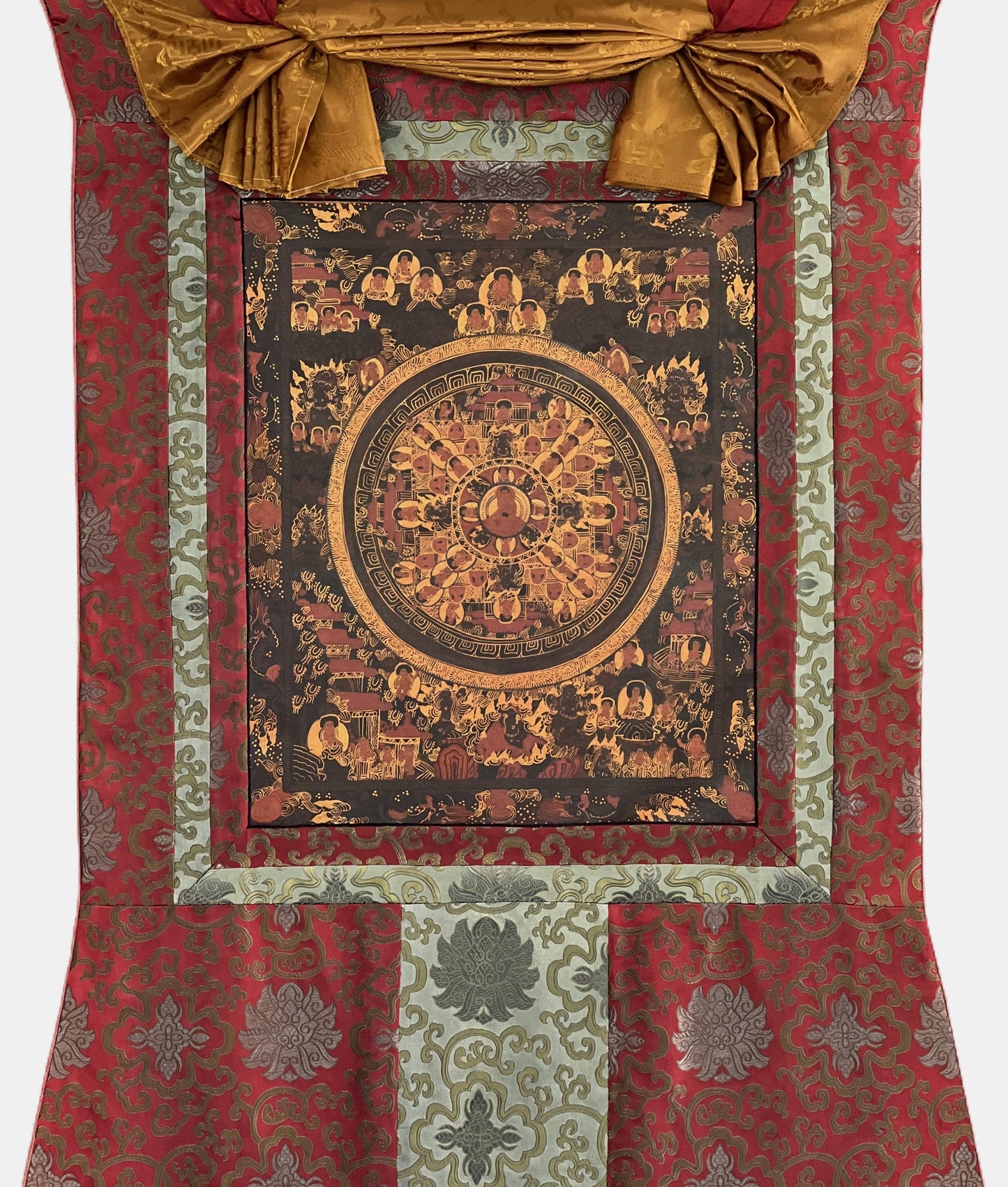 Original Hand-Painted Buddha Life Mandala Thangka – Oil Varnished Tibetan Buddhist Art with Silk Brocade