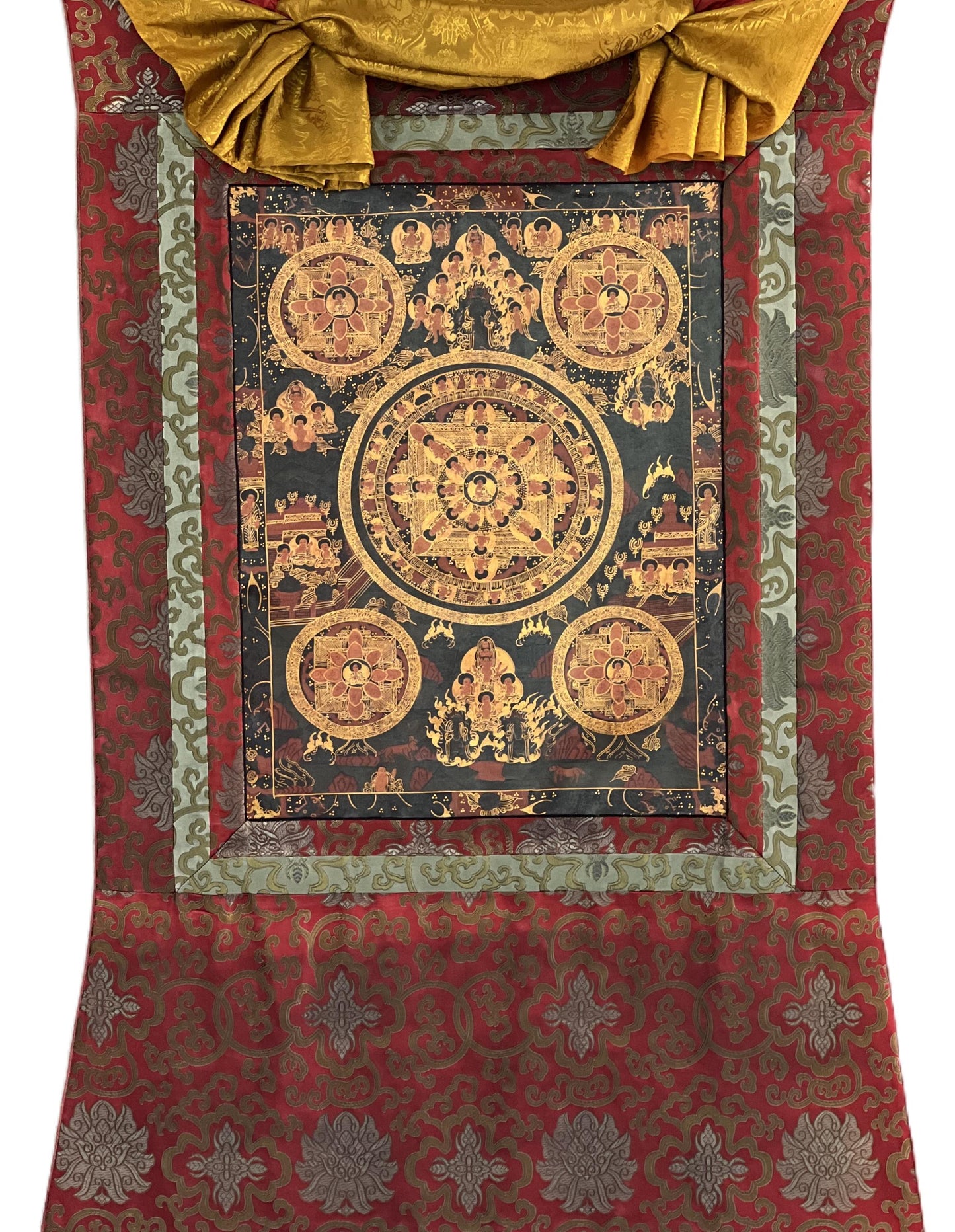 Original Hand-Painted Bhavachakra Wheel of Life Mandala Tibetan Thangka – Oil Varnished with Silk Brocade