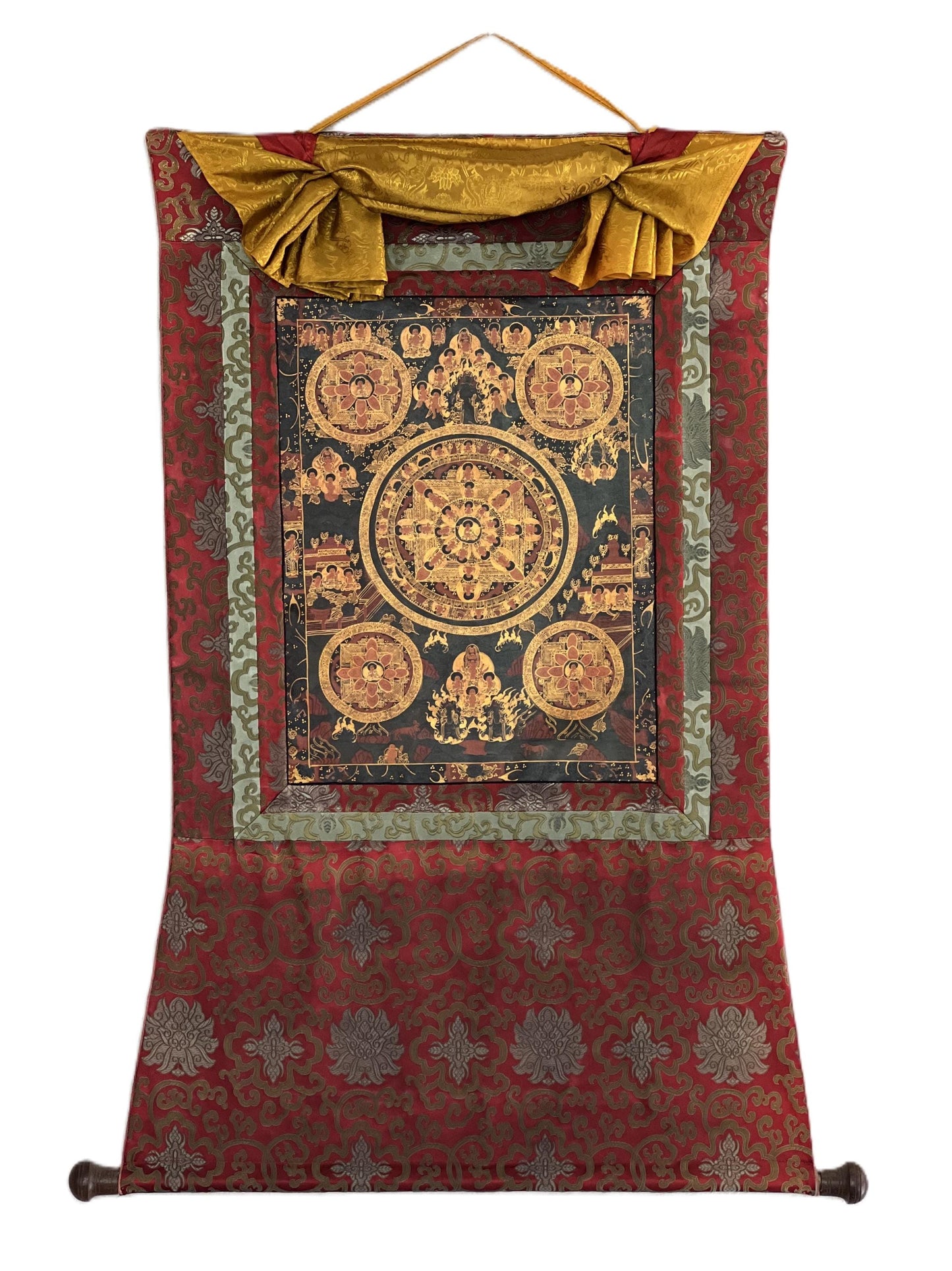 Original Hand-Painted Bhavachakra Wheel of Life Mandala Tibetan Thangka – Oil Varnished with Silk Brocade