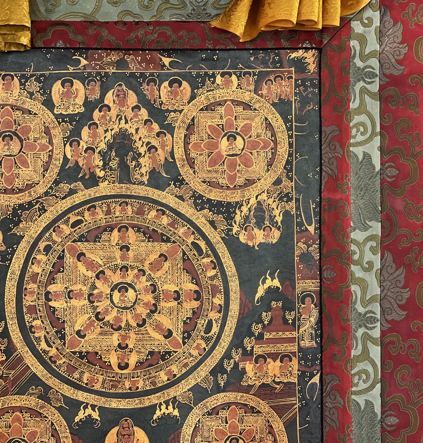Original Hand-Painted Bhavachakra Wheel of Life Mandala Tibetan Thangka – Oil Varnished with Silk Brocade