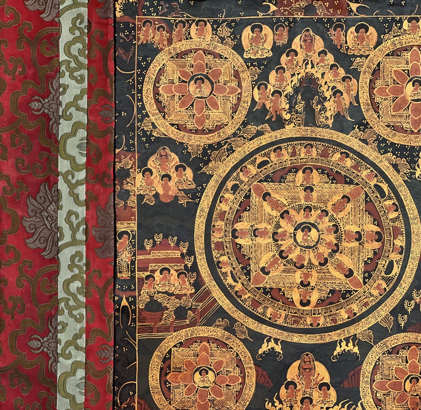 Original Hand-Painted Bhavachakra Wheel of Life Mandala Tibetan Thangka – Oil Varnished with Silk Brocade