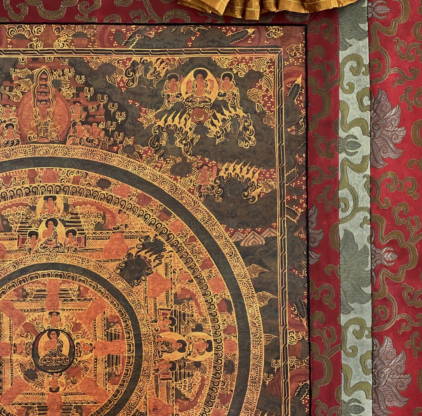 Hand-Painted Buddha Mandala Thangka – Tibetan Silk Brocade Art