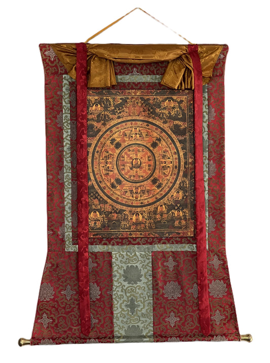 Hand-Painted Buddha Mandala Thangka – Tibetan Silk Brocade Art