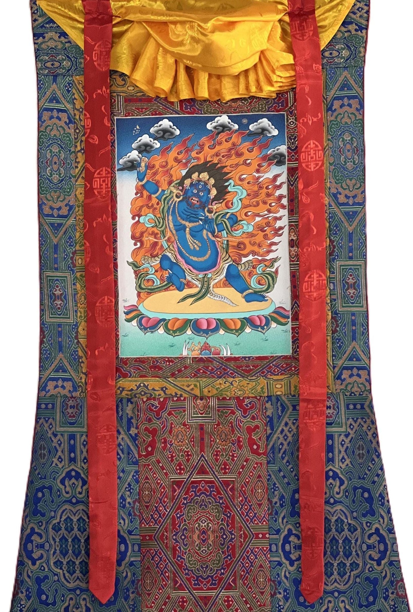 Hand-Painted Vajrapani Thangka | Silk Brocade Framed Tibetan Buddhist Art