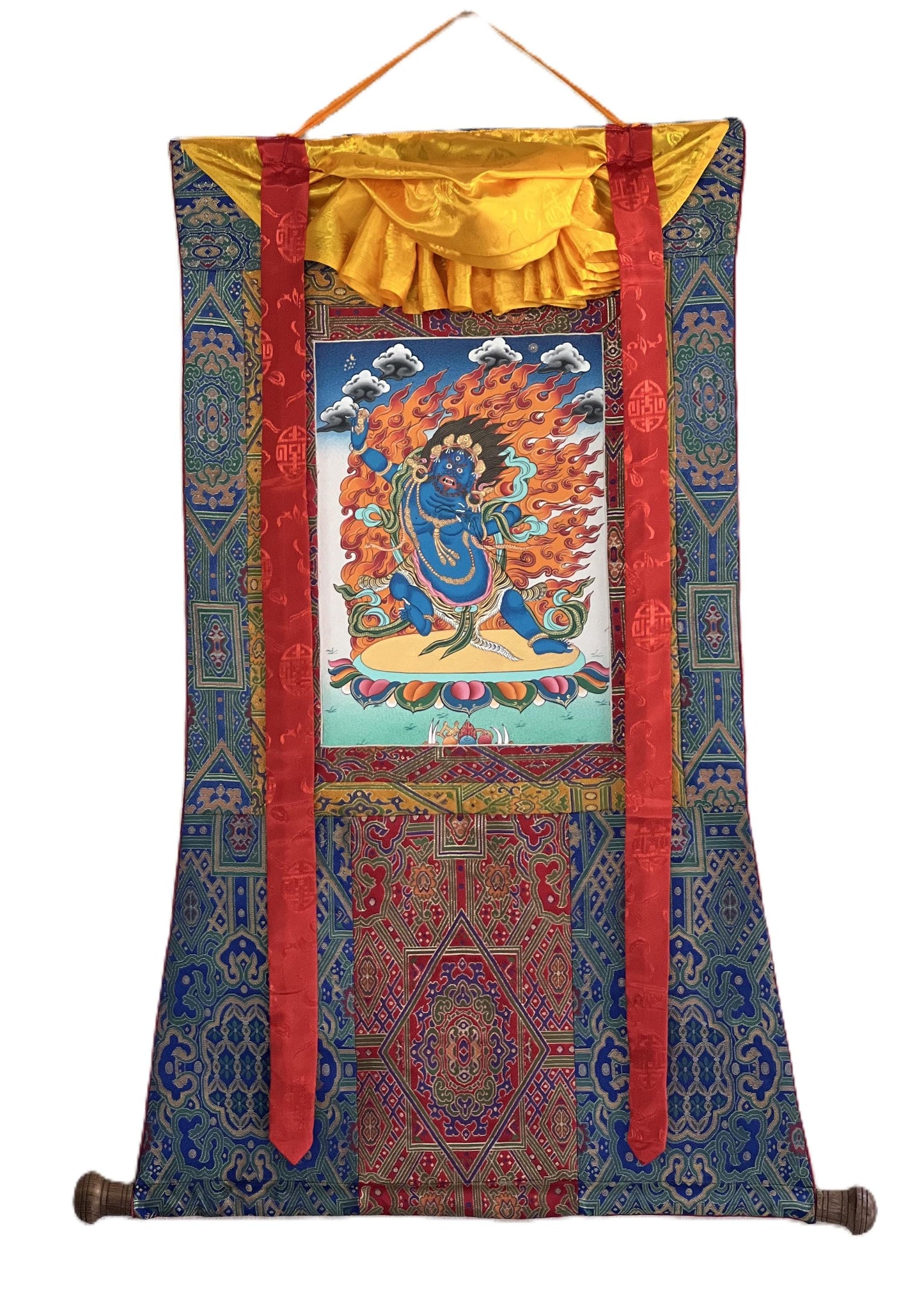 Hand-Painted Vajrapani Thangka | Silk Brocade Framed Tibetan Buddhist Art
