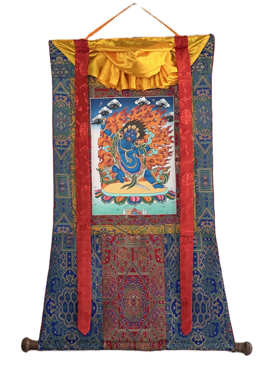 Hand-Painted Vajrapani Thangka | Silk Brocade Framed Tibetan Buddhist Art