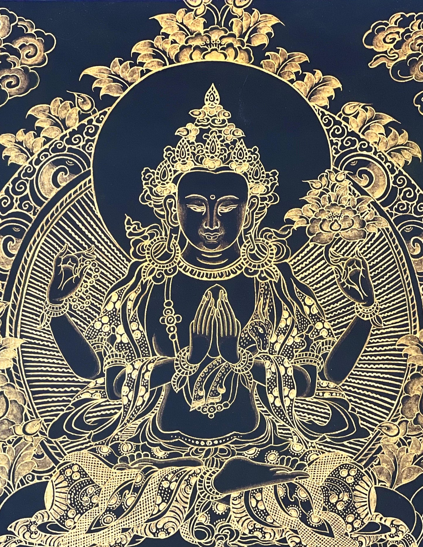 Original Hand-Painted Chenrezig (Avalokiteshvara) Black and Gold Tibetan Thangka Painting with Silk Brocade