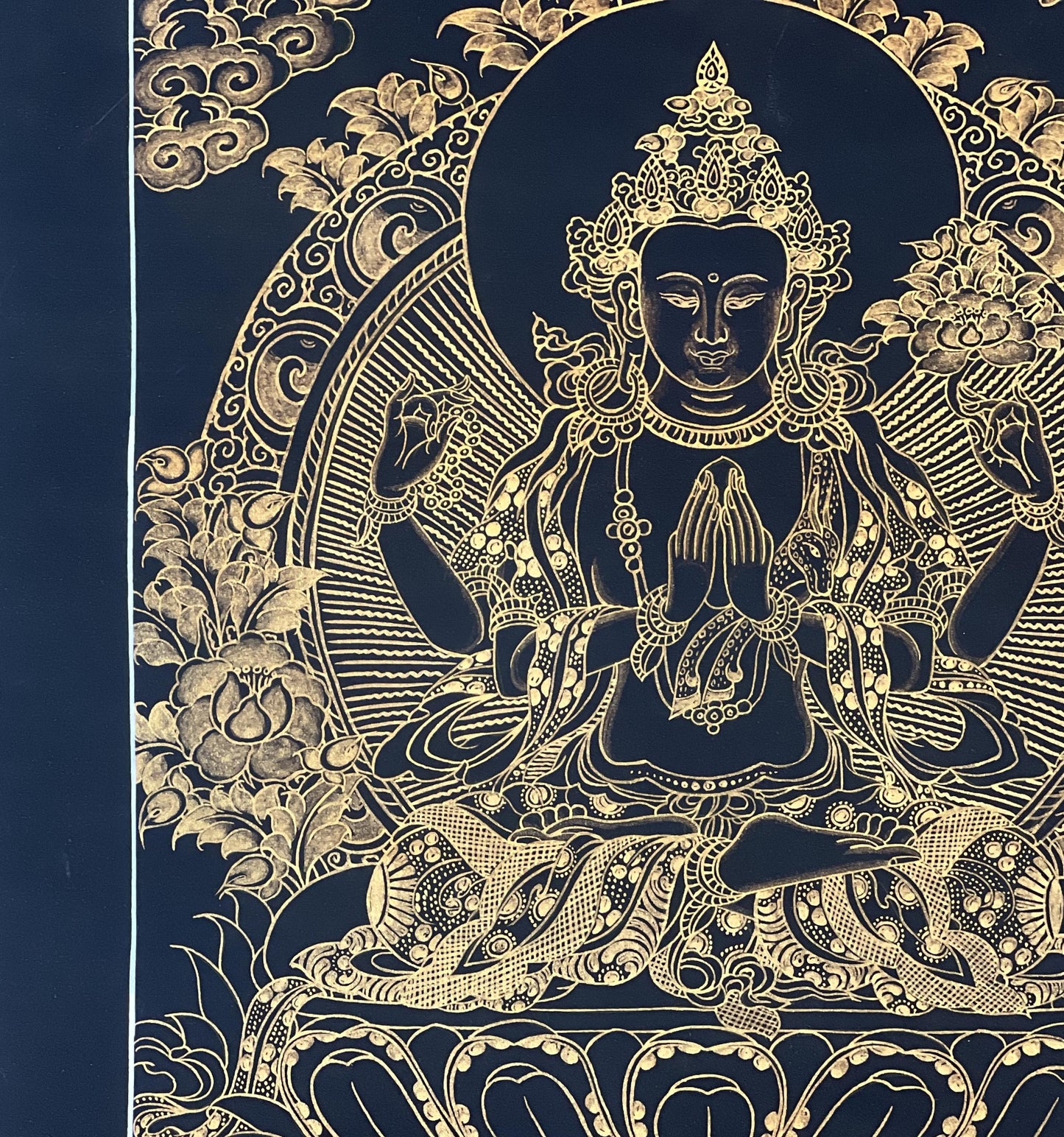 Original Hand-Painted Chenrezig (Avalokiteshvara) Black and Gold Tibetan Thangka Painting with Silk Brocade