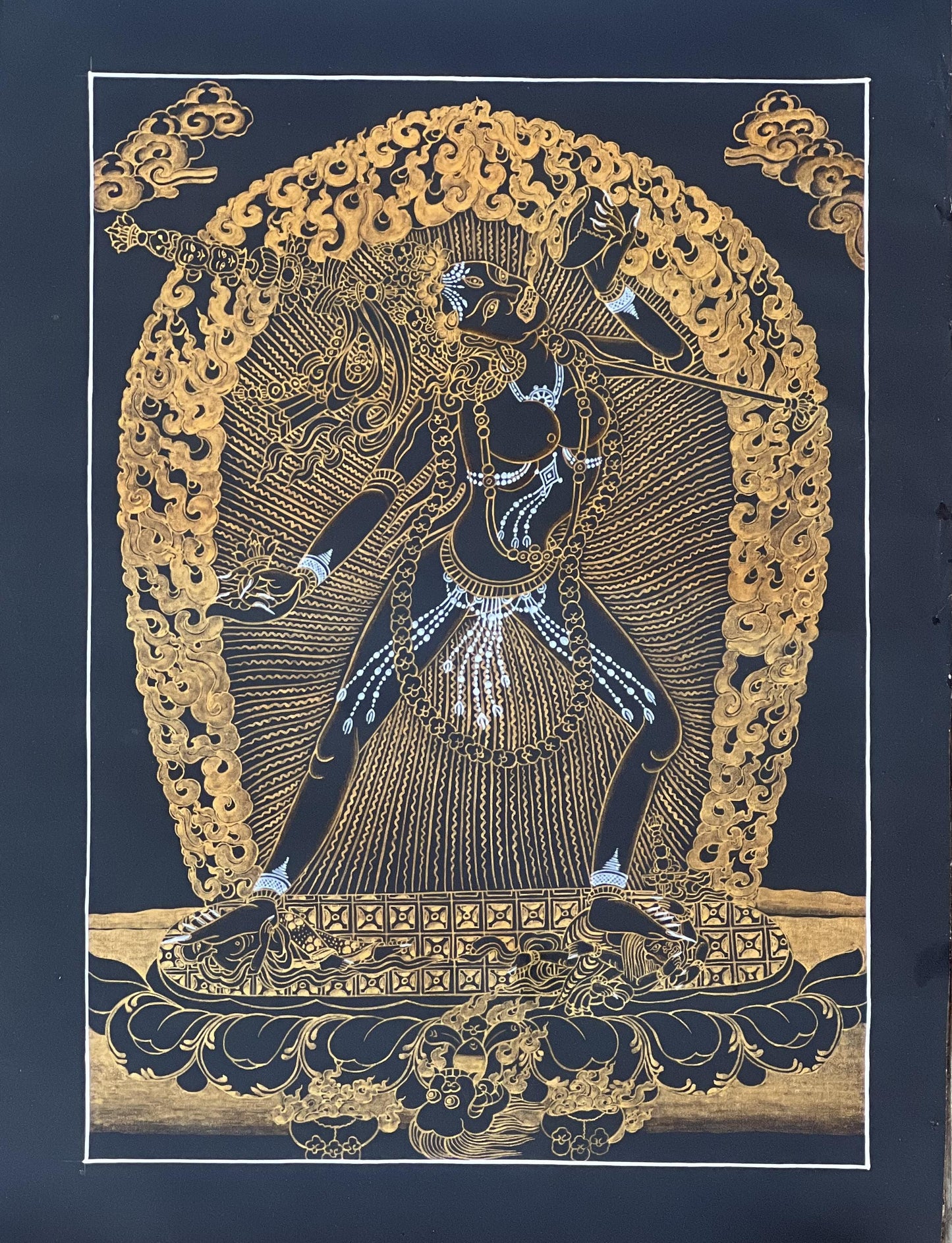 Original Hand-Painted Vajrayogini Thangka – Black and Gold Tibetan Dakini Goddess, Tantric Buddhist  Meditation Painting