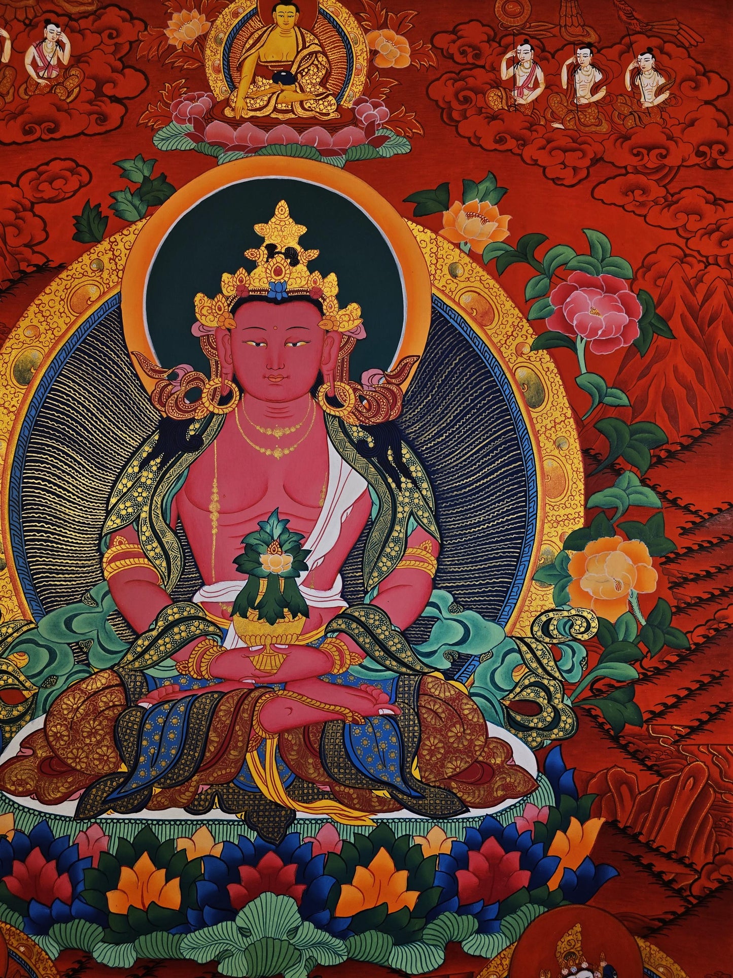 Original Hand-Painted Aparmita Buddha Amitayus Thangka - Tibetan Compassion Meditation Art - Masterpiece from Nepal