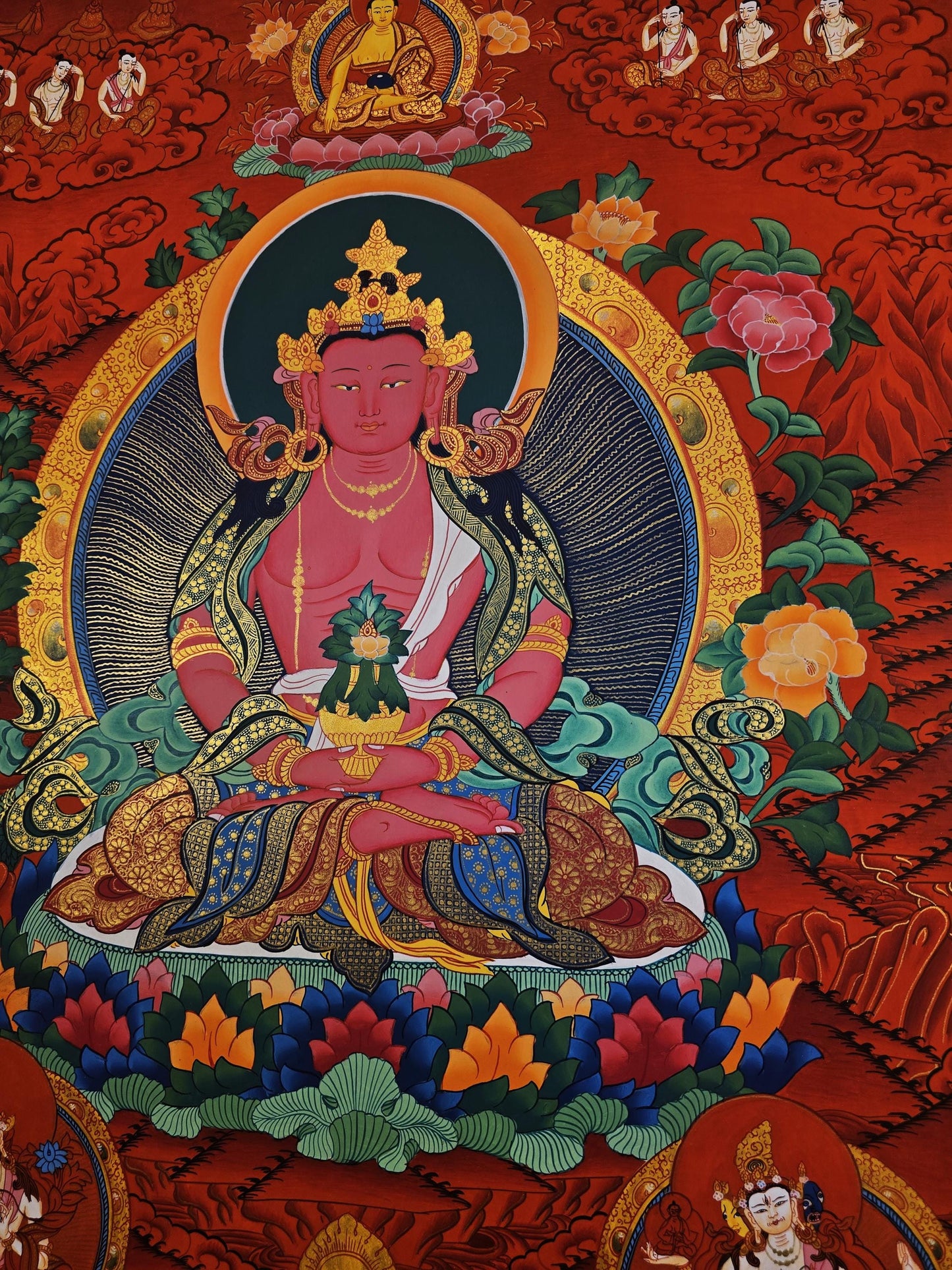 Original Hand-Painted Aparmita Buddha Amitayus Thangka - Tibetan Compassion Meditation Art - Masterpiece from Nepal