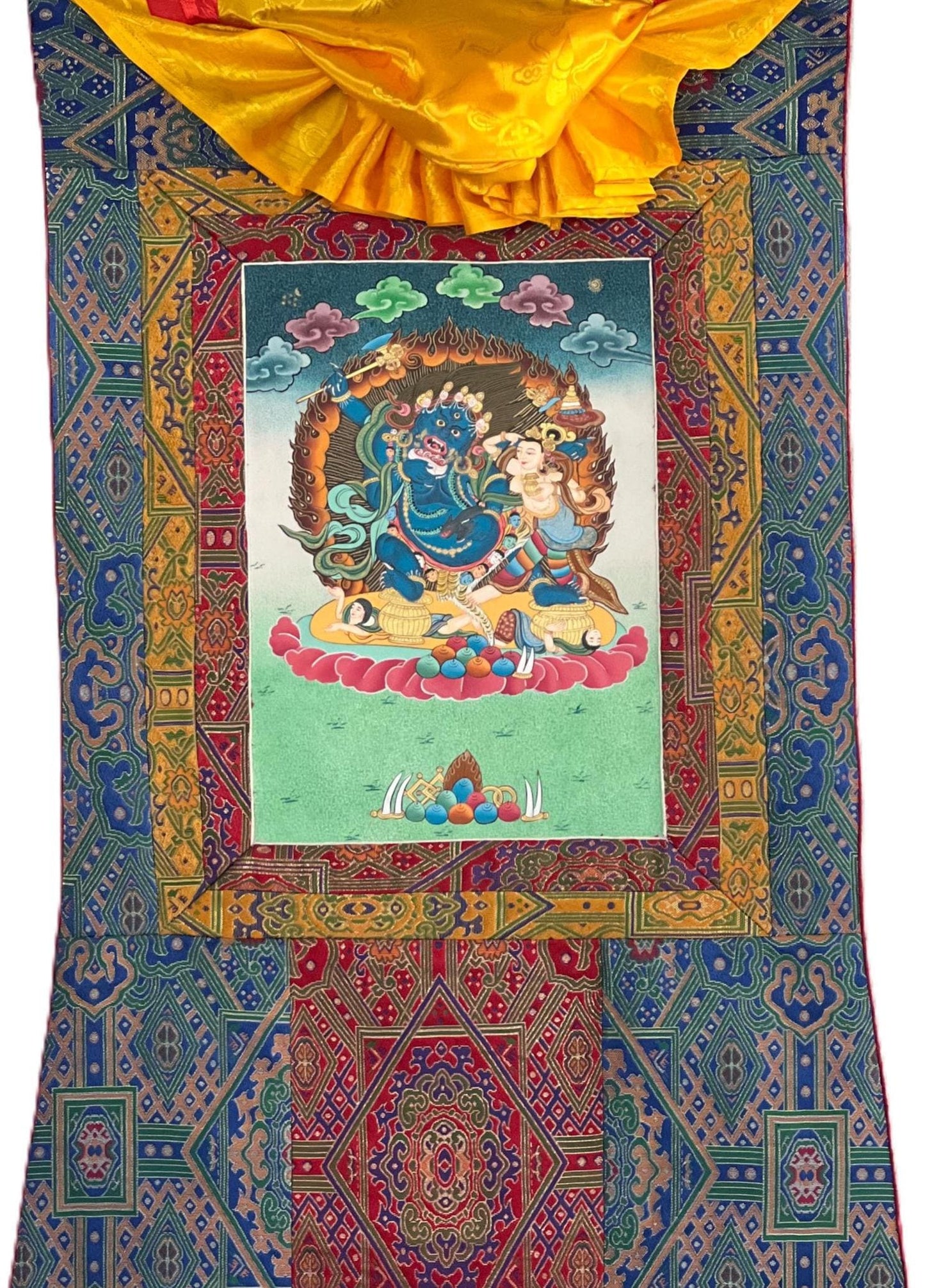 Hand-Painted Black Jambhala Thangka – Tibetan God of Wealth, Silk Brocade