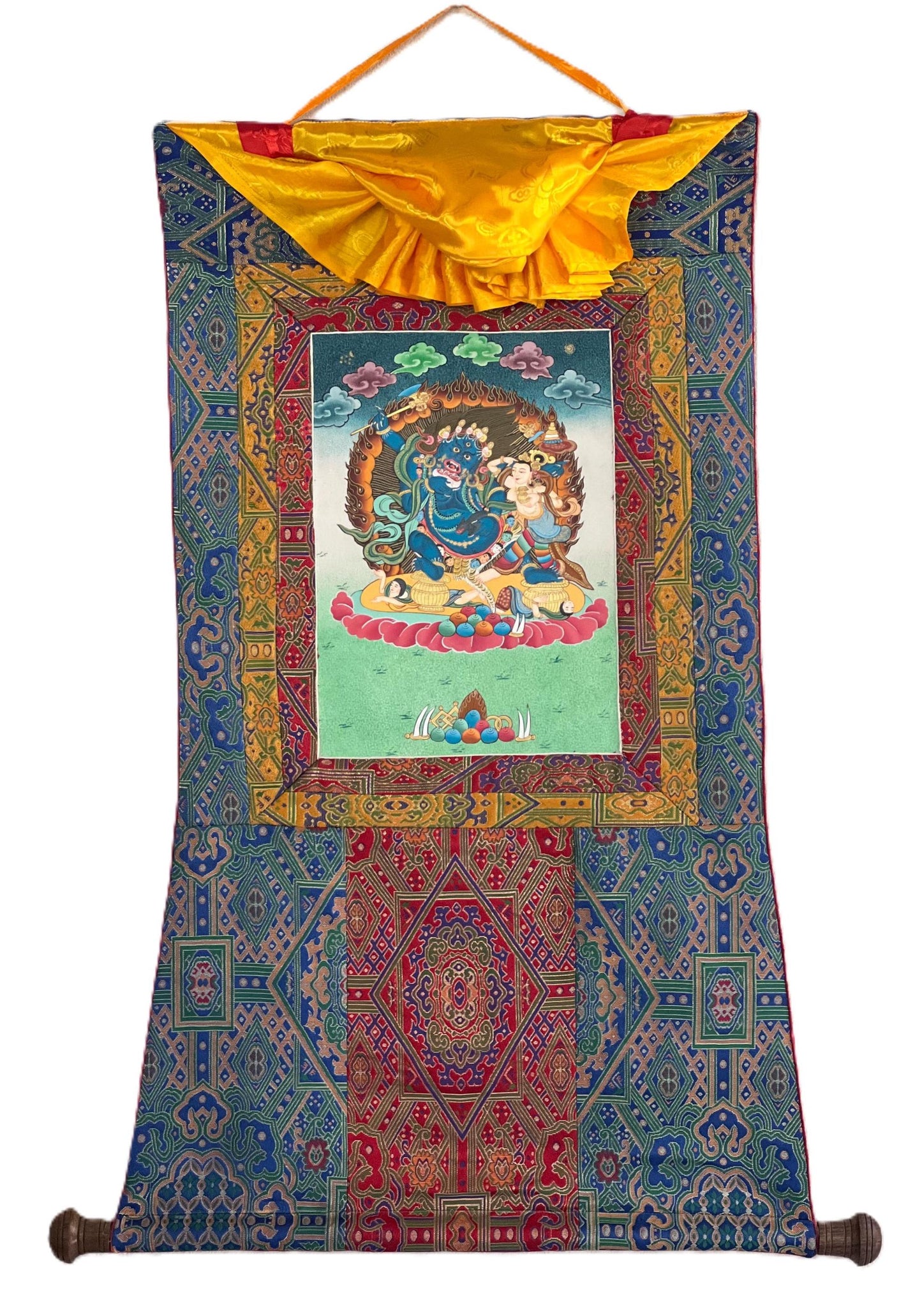 Hand-Painted Black Jambhala Thangka – Tibetan God of Wealth, Silk Brocade