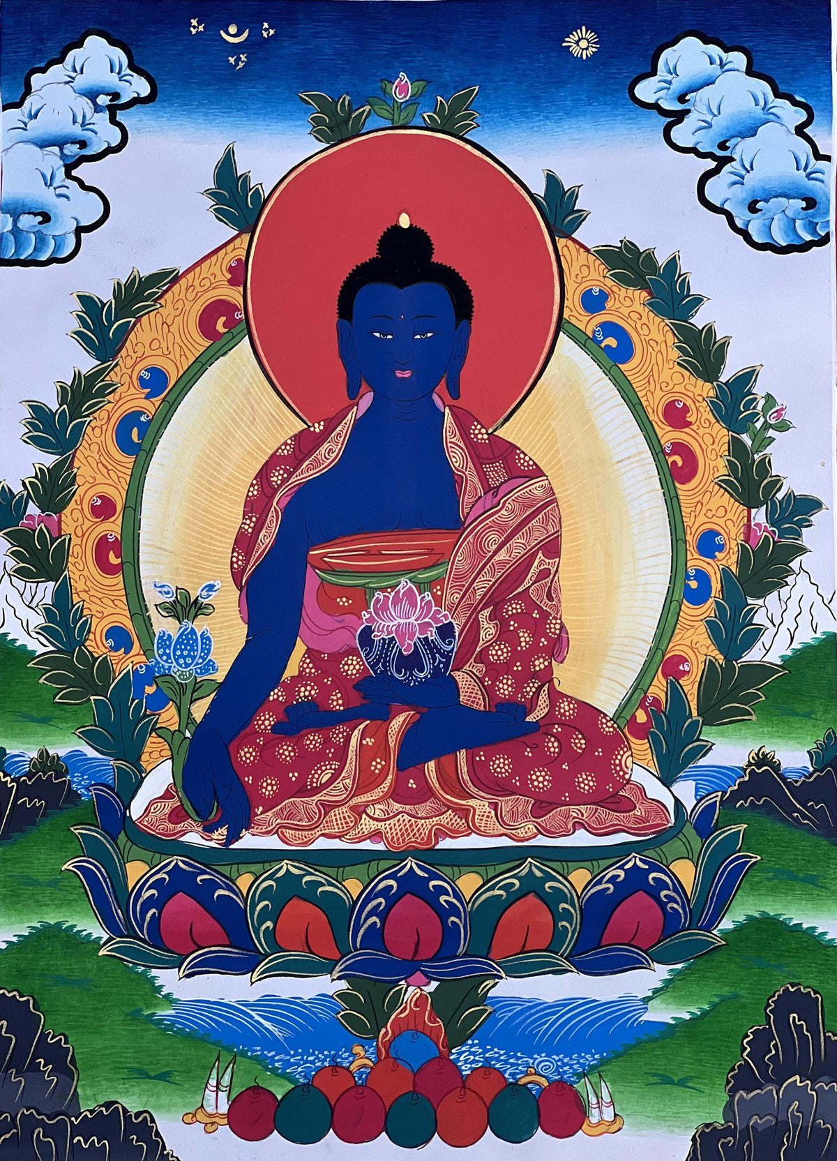 Hand-Painted Medicine Buddha Thangka  Tibetan Healing Art